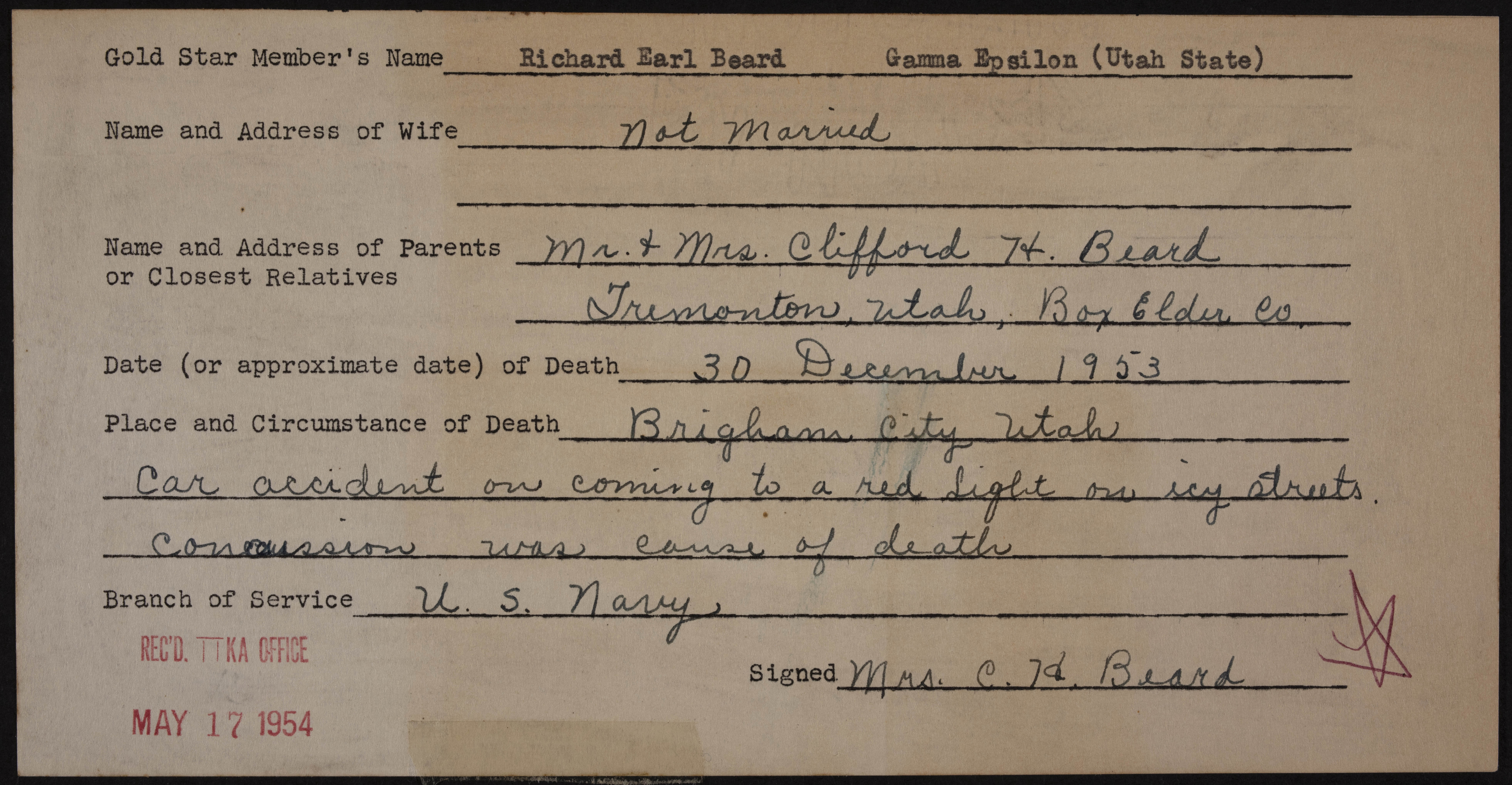 Richard Earl Beard War Record Form, May 17, 1954