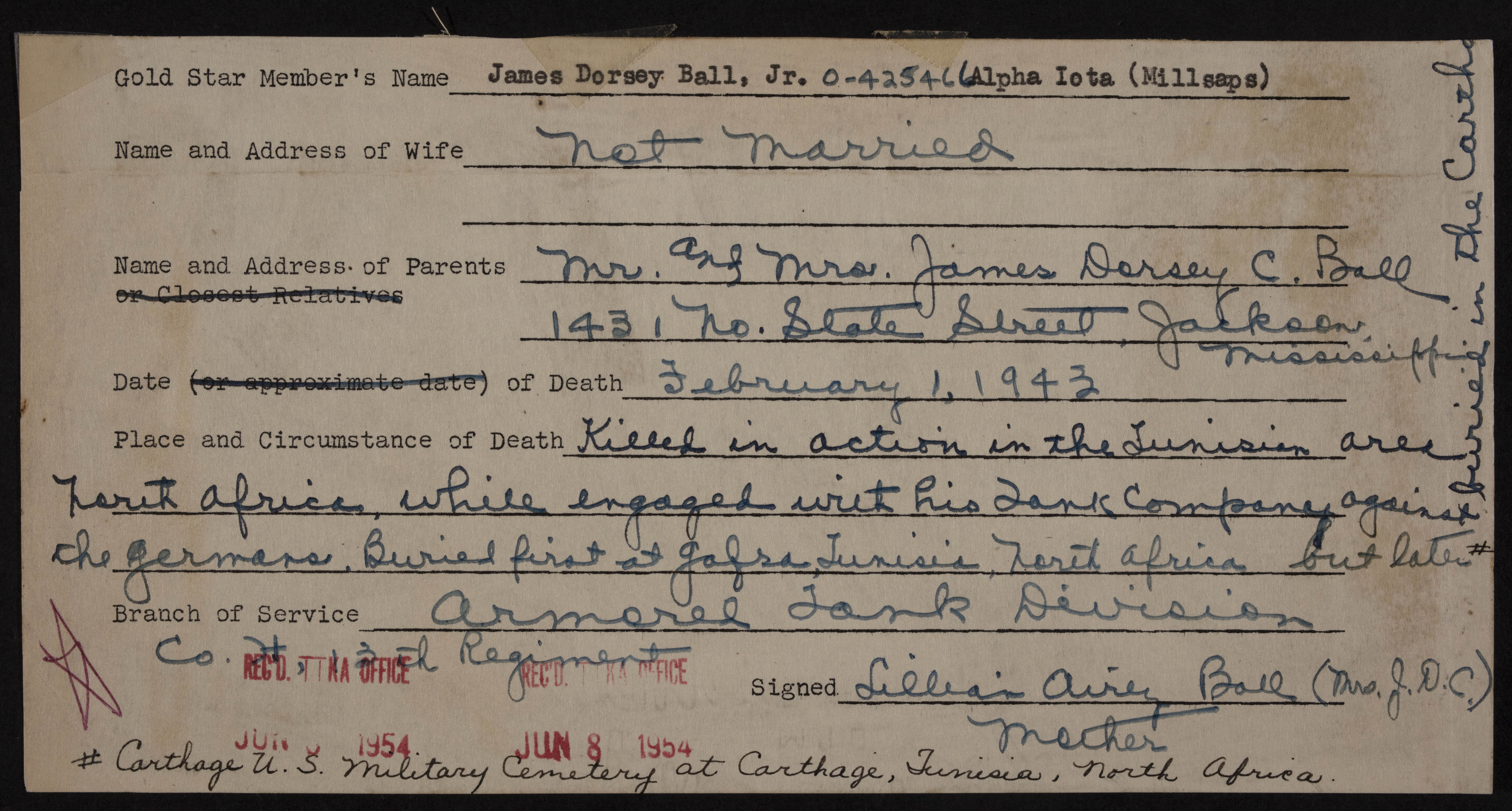 James Dorsey Ball Jr. War Record Form