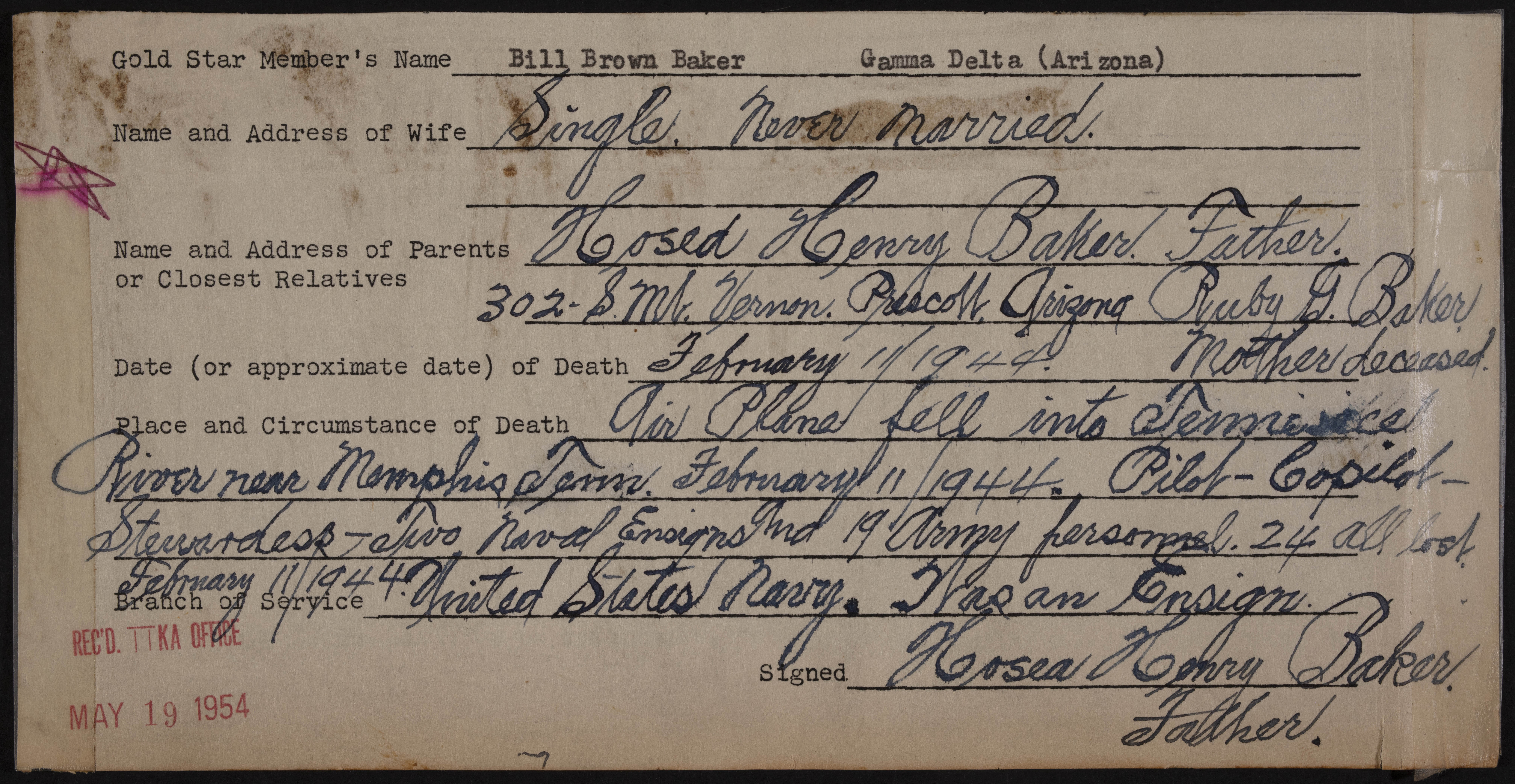 Bill Brown Baker War Record Form