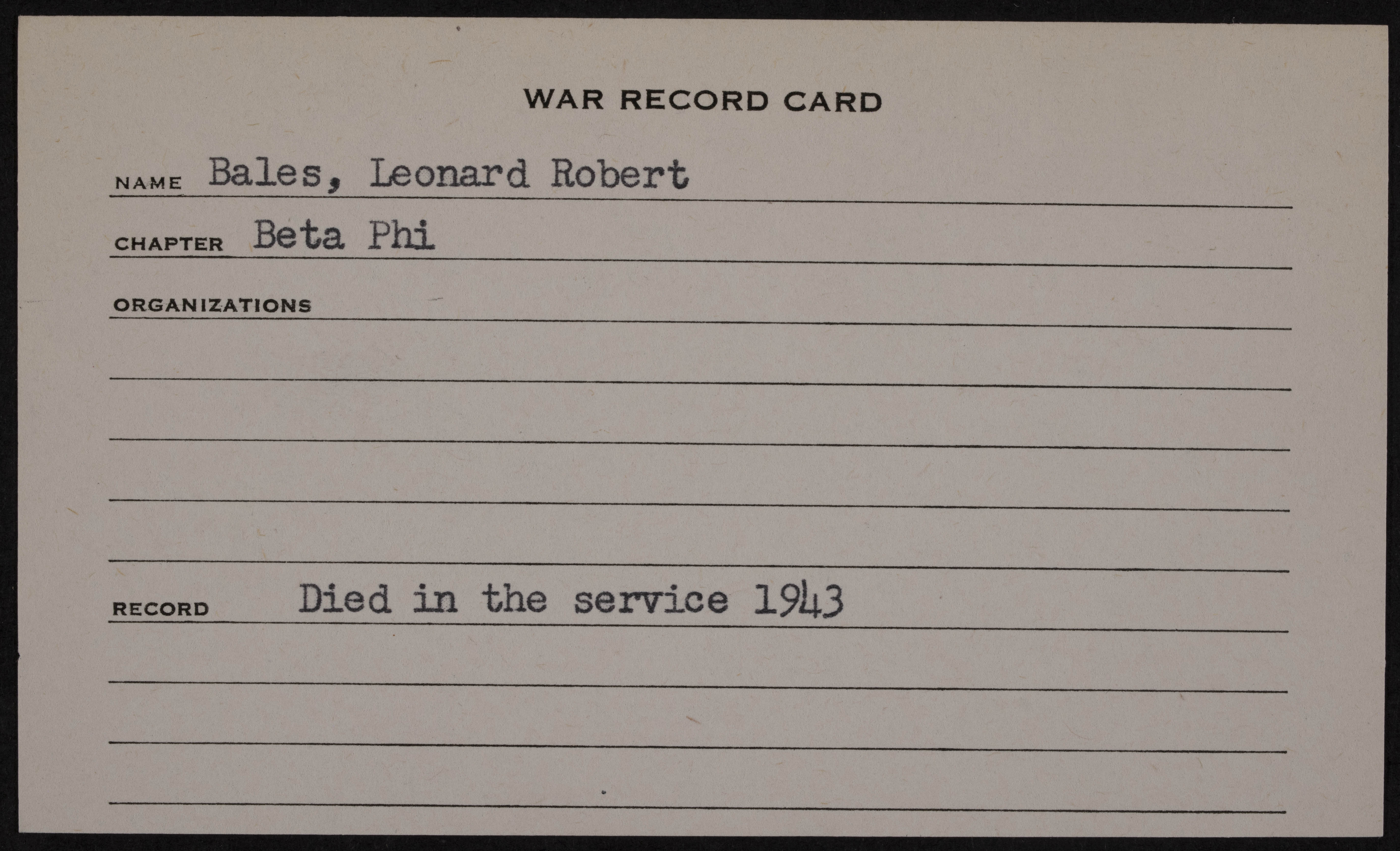 Leonard Robert Bales War Record Card