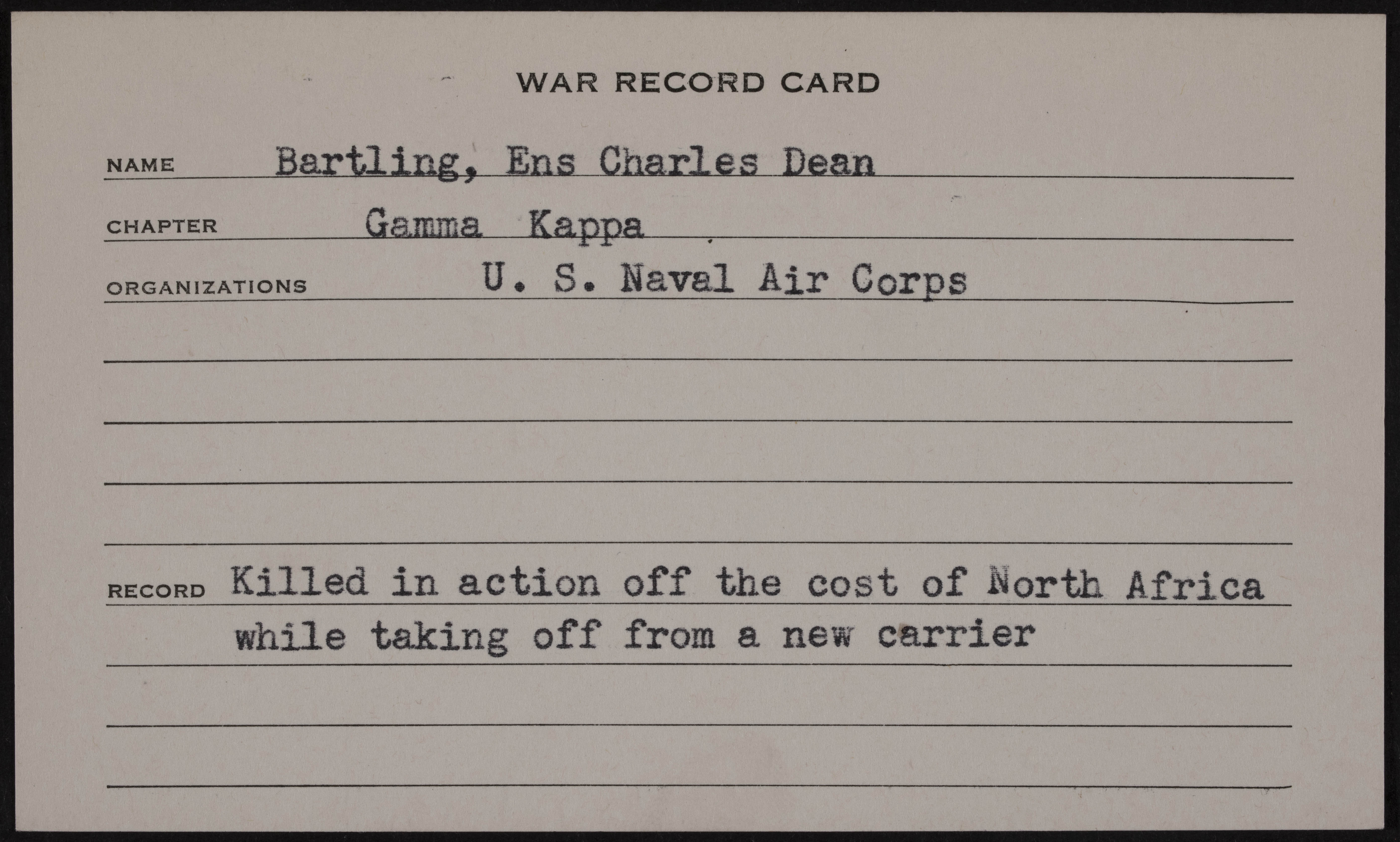 Charles Dean Bartling War Record Card