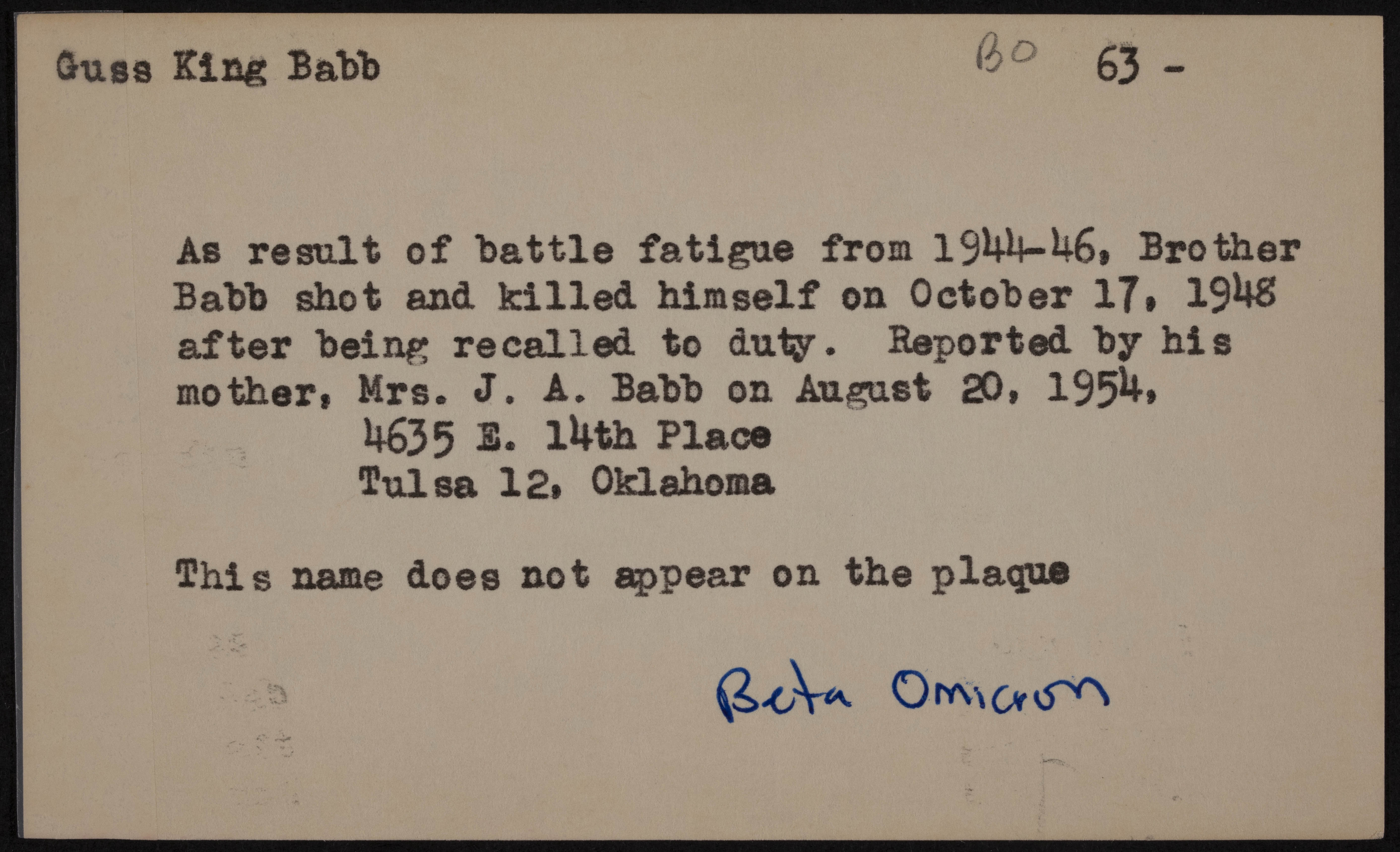 Guss King Babb War Record Card 2