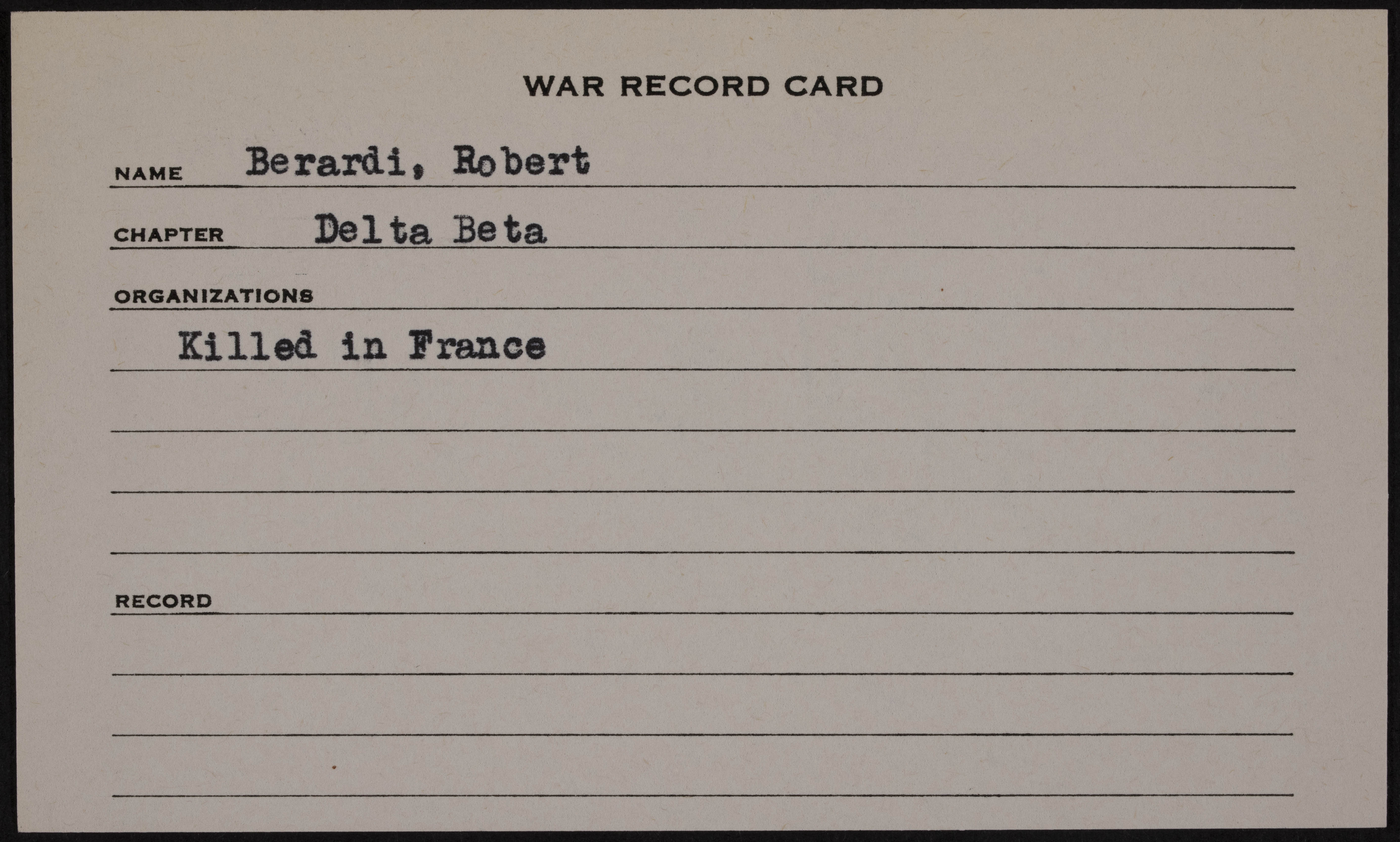 Robert Marino Berardi War Record Card