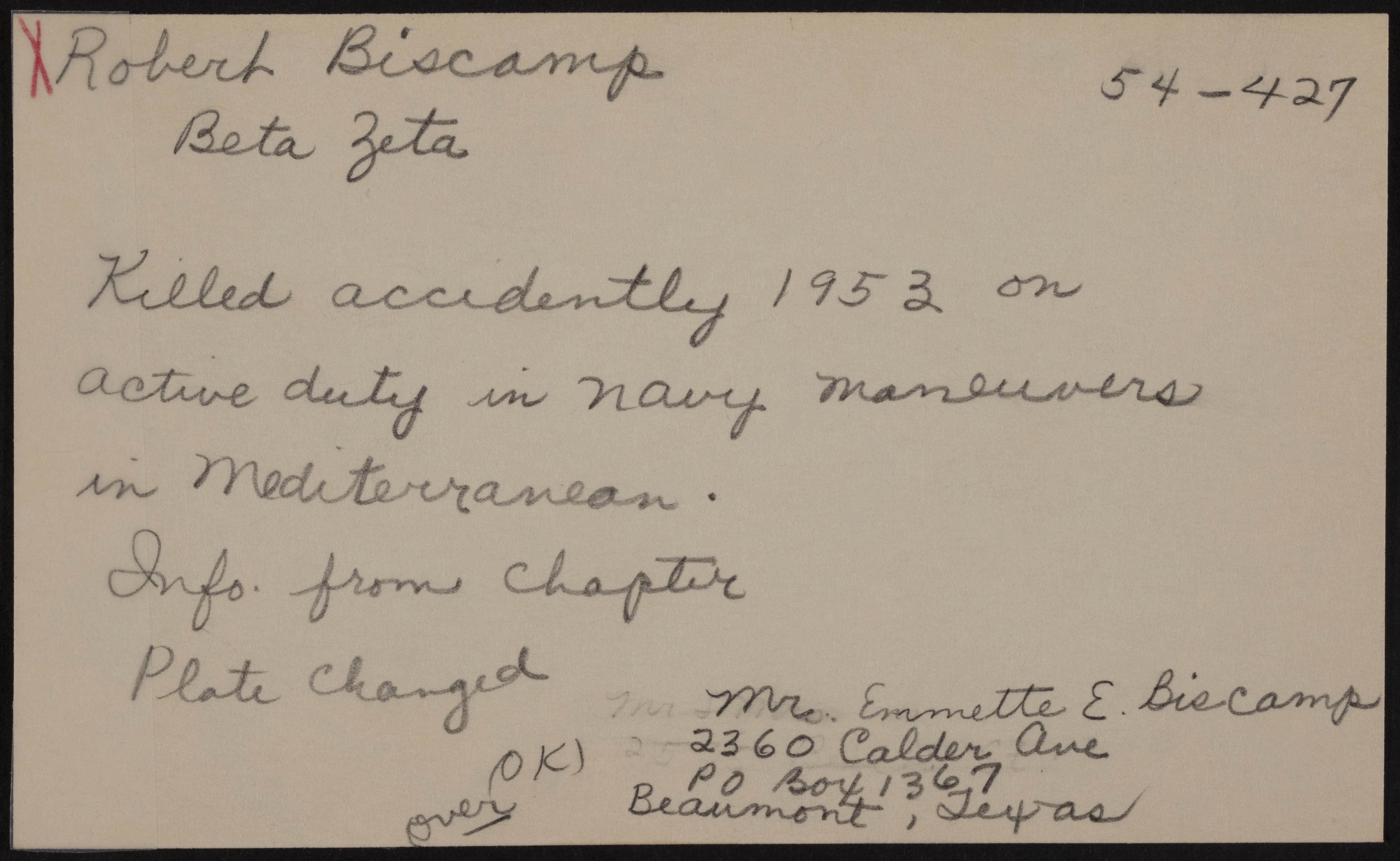 Robert Biscamp War Record Card