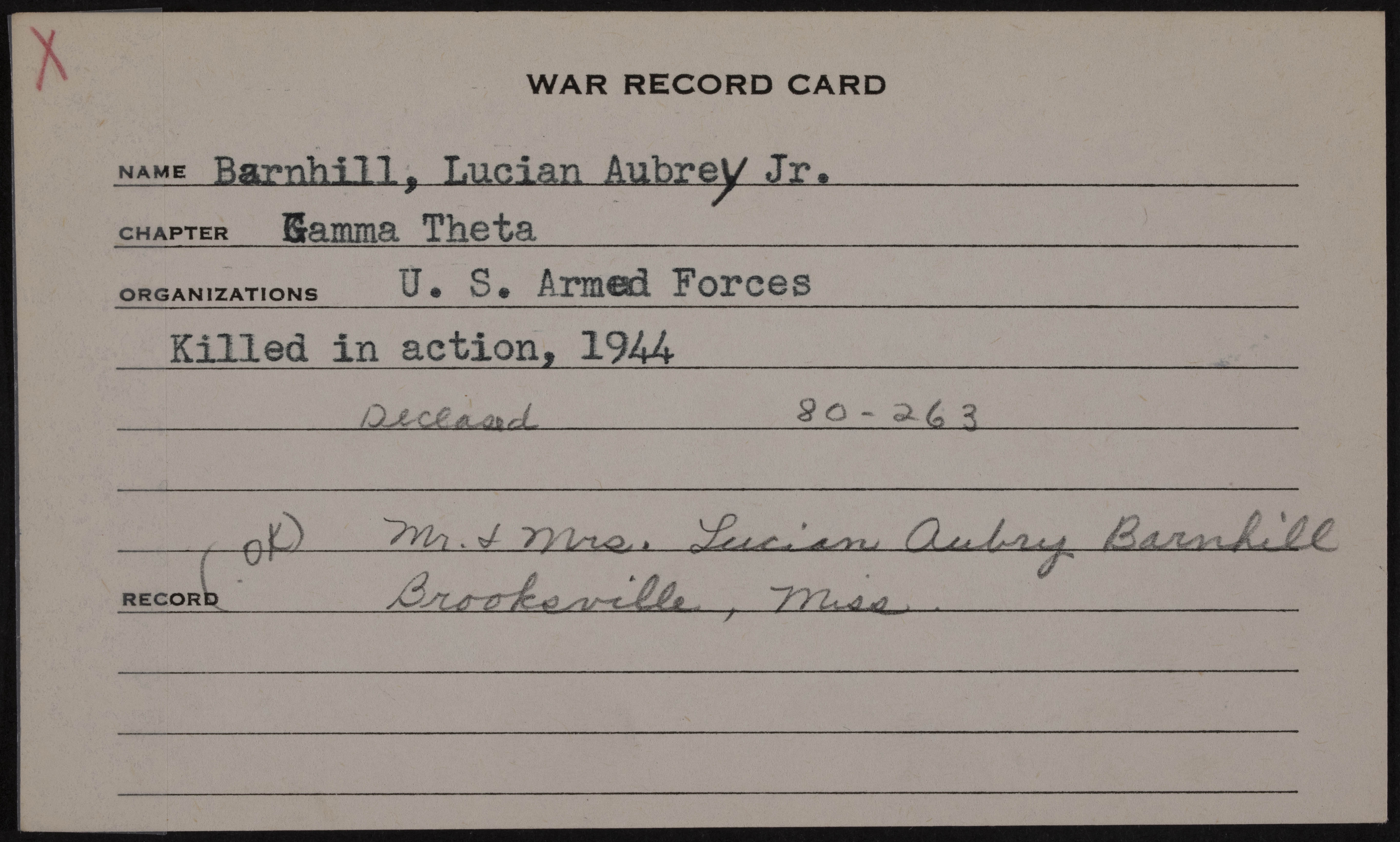 Lucian Aubrey Barnhill War Record Card