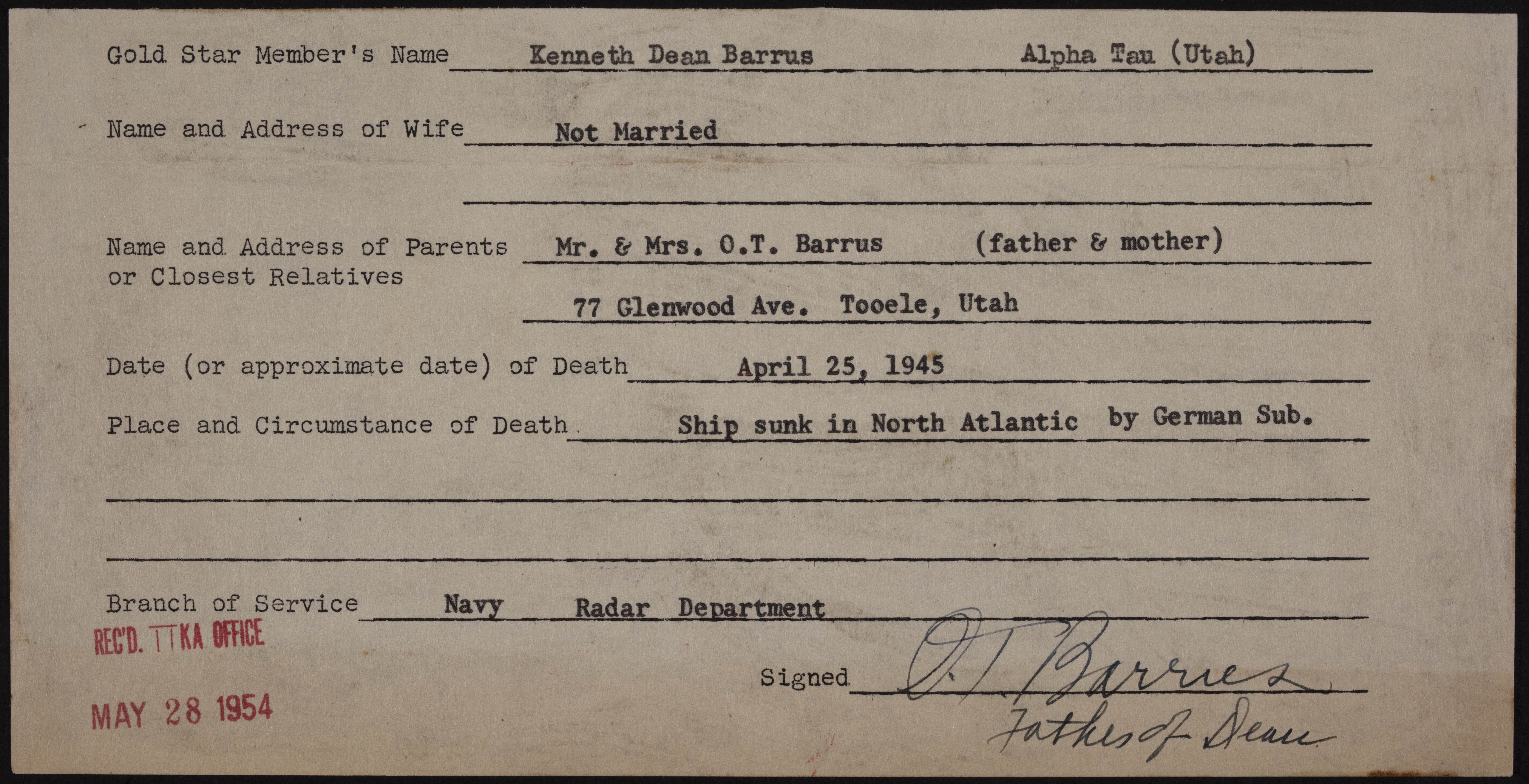 Kenneth Dean Barrus War Record Form, May 28, 1954