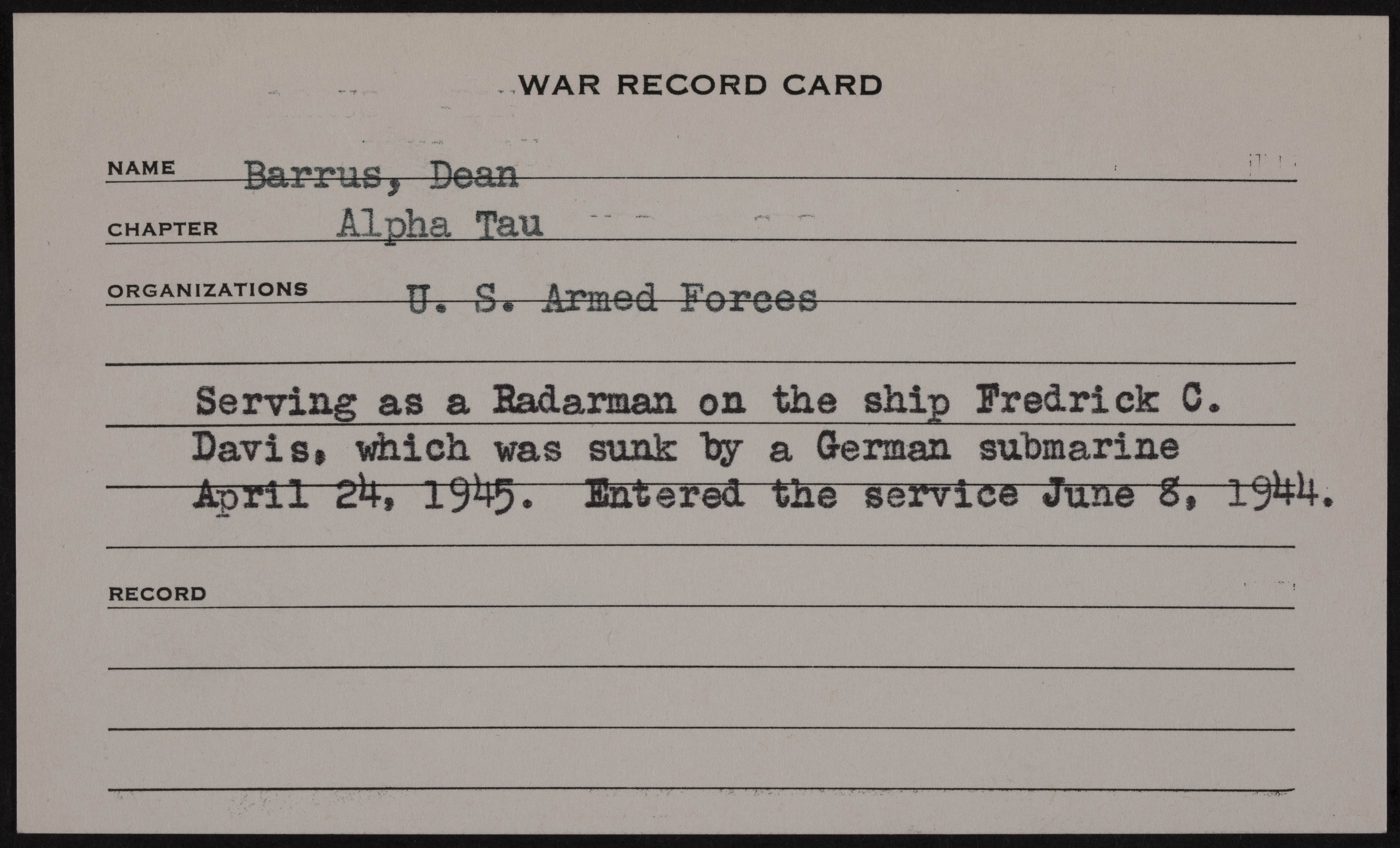 Kenneth Dean Barrus War Record Card