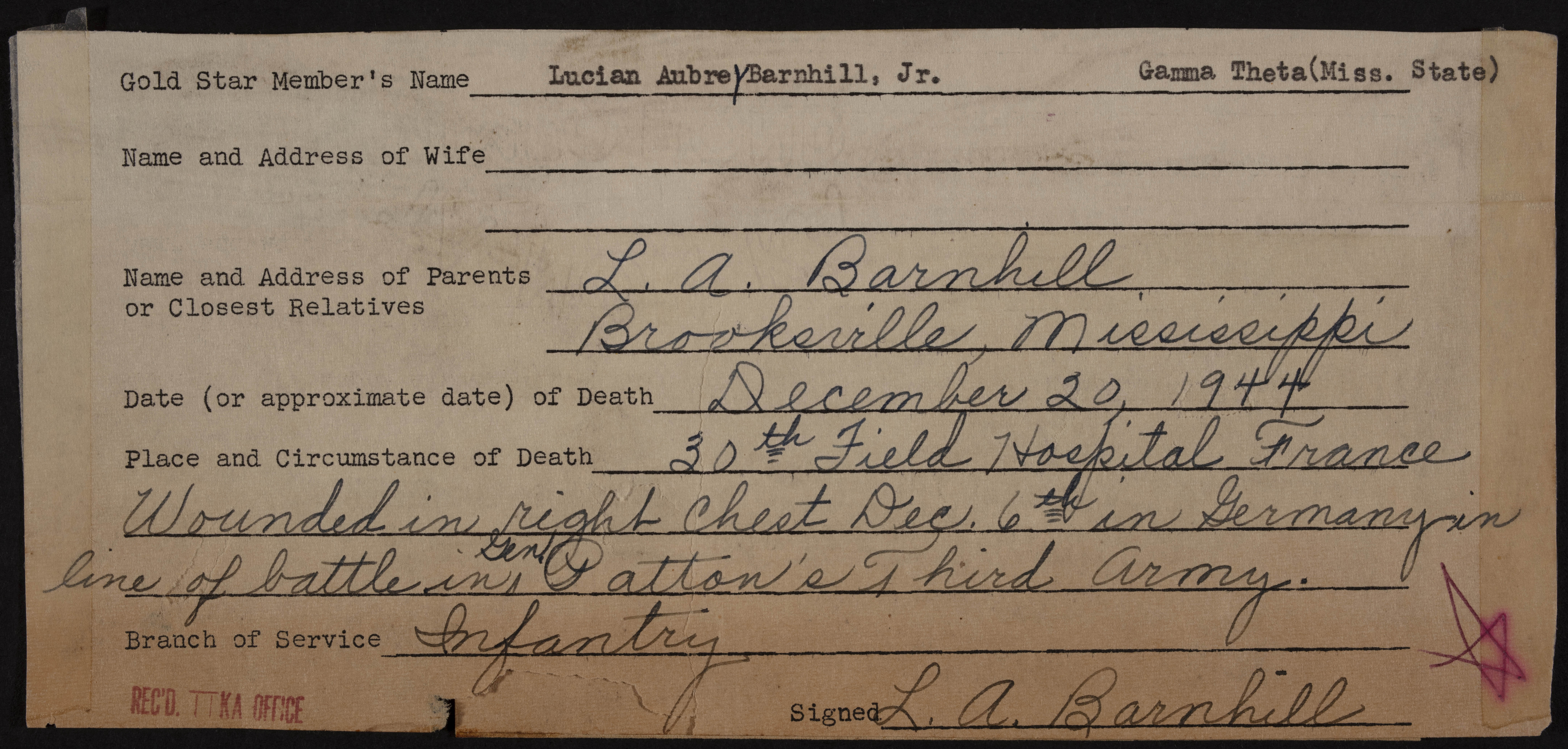 Lucian Aubrey Barnhill War Record Form