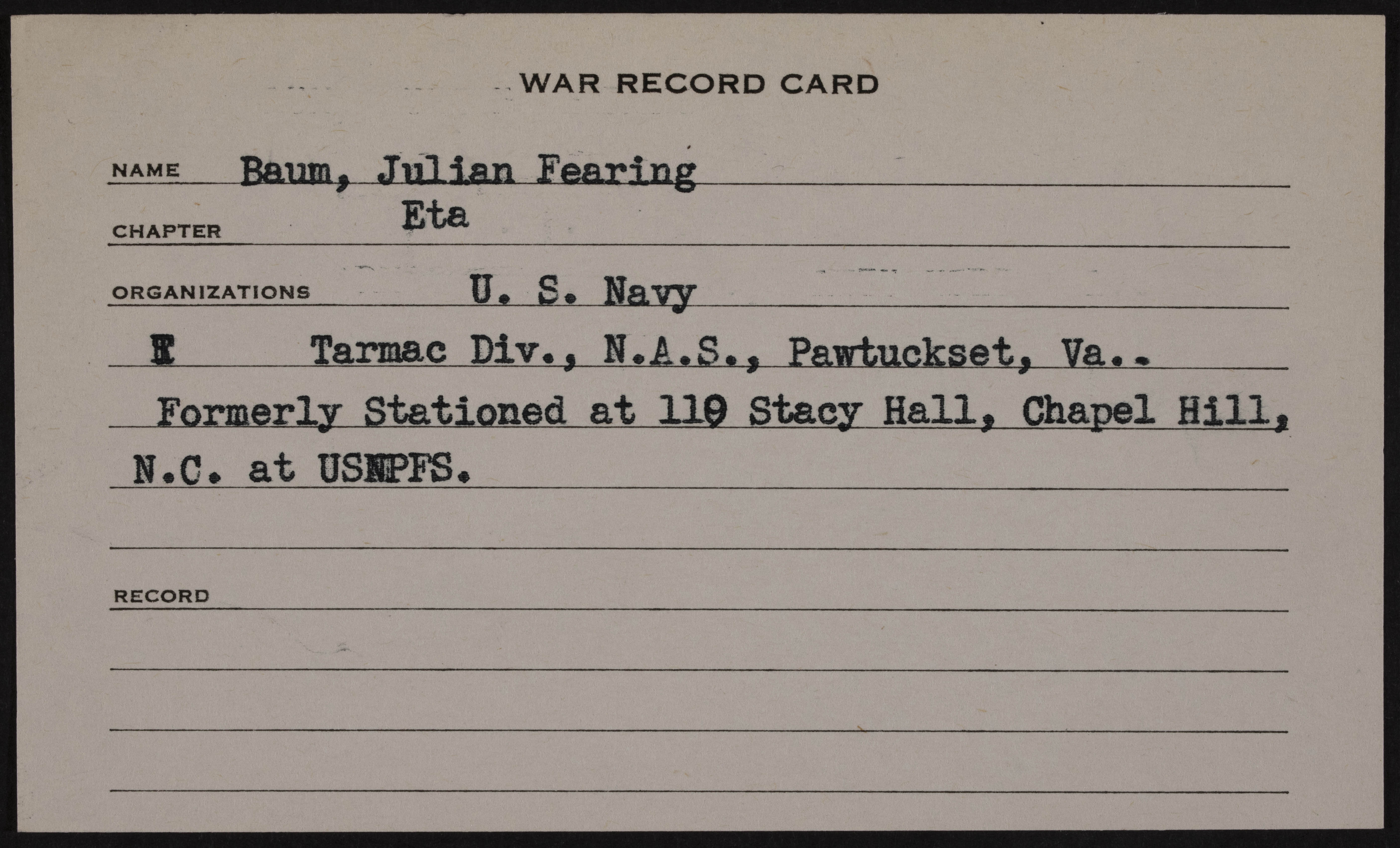 Julian Fearing Baum War Record Card