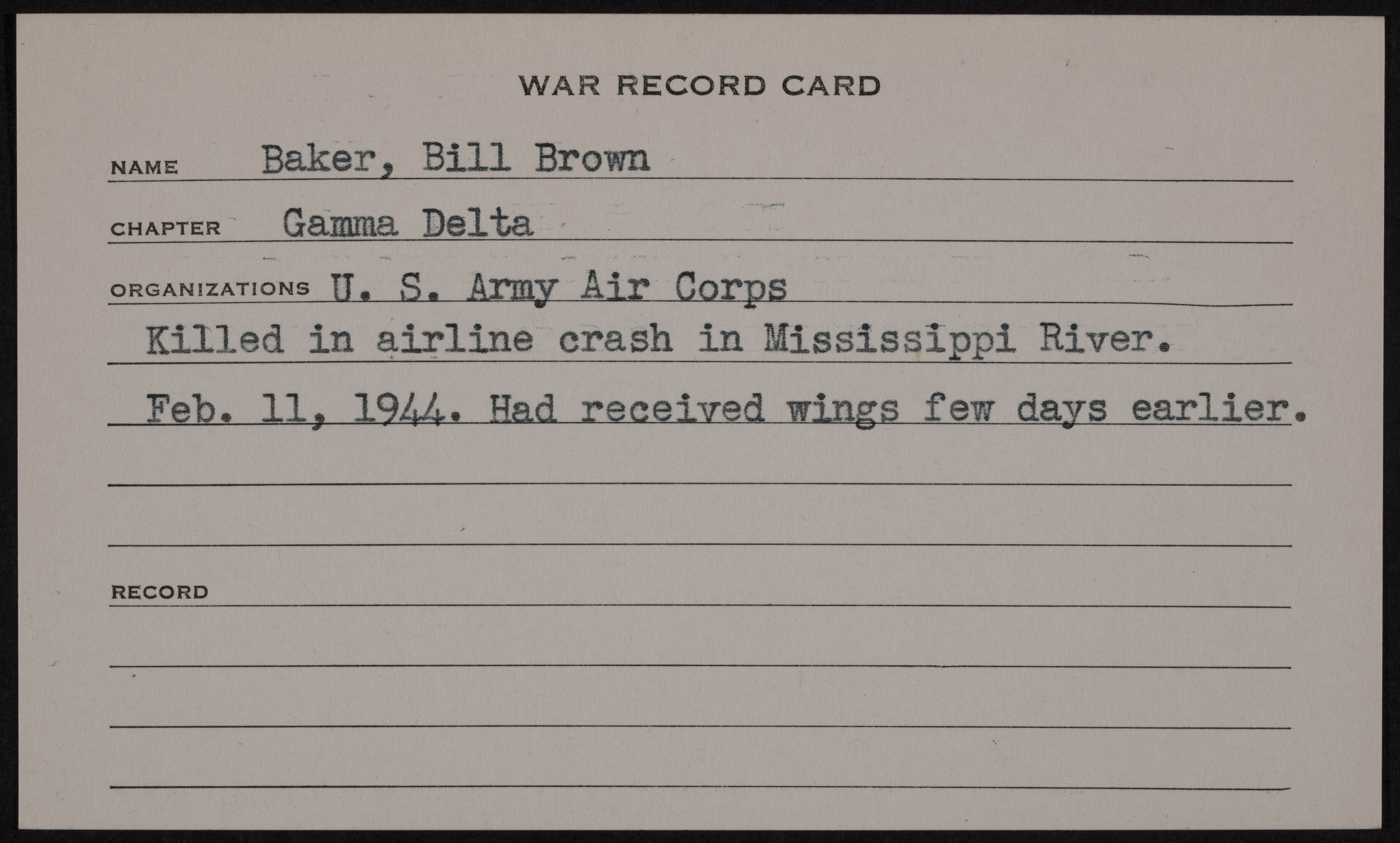 Bill Brown Baker War Record Card