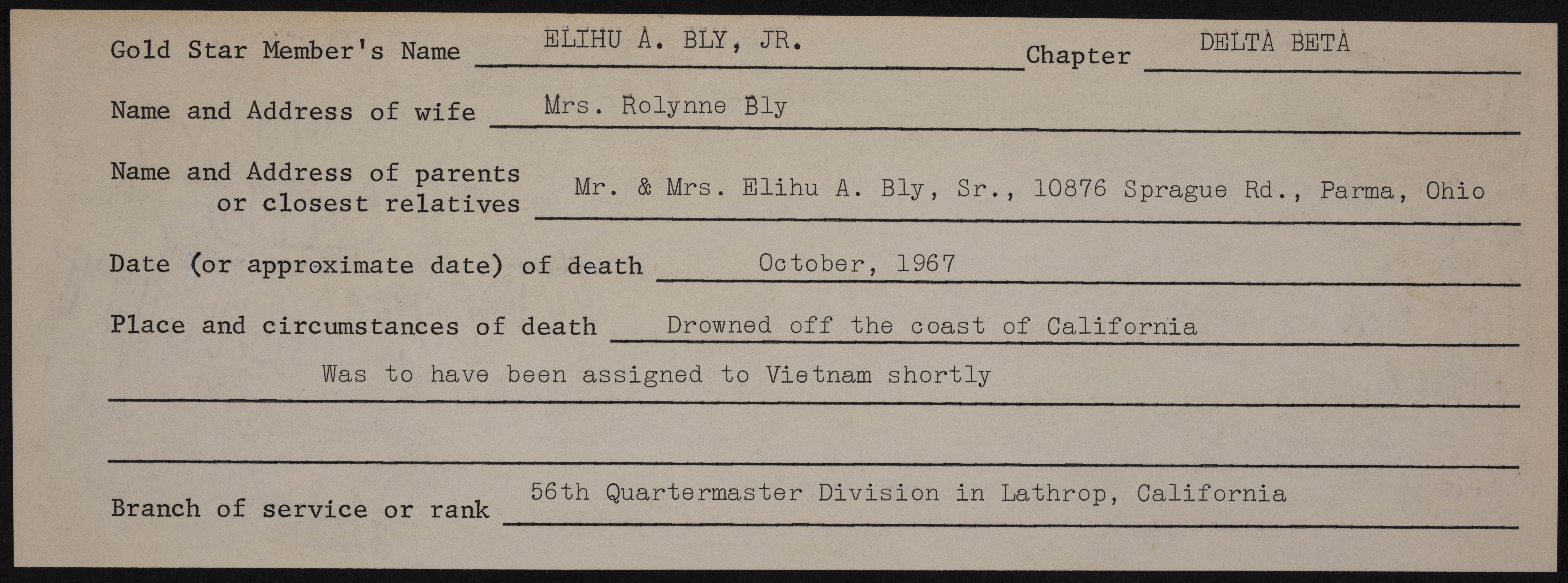 Elihu Alonso Bly Jr. War Record Form