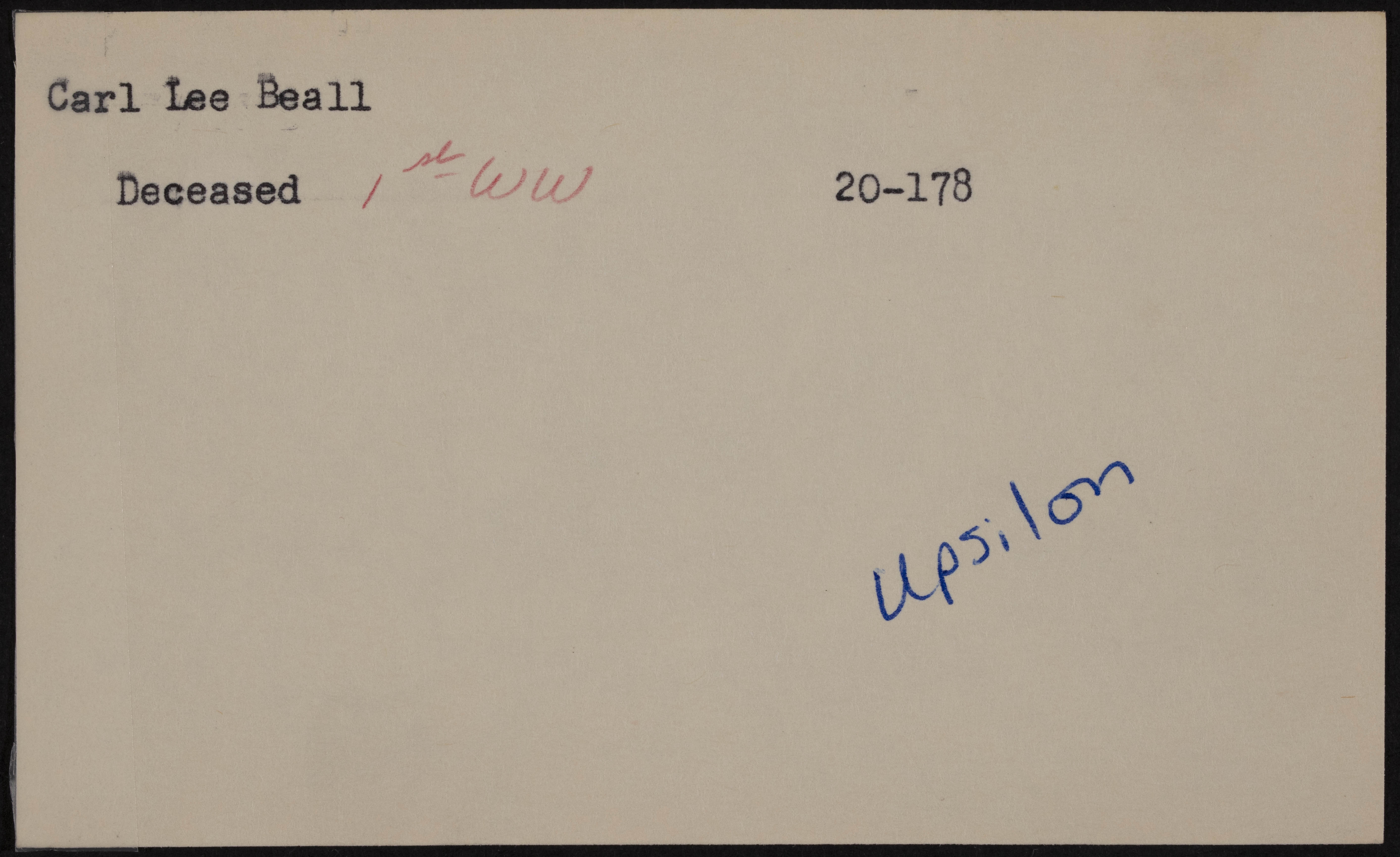 Carl Lee Beall War Record Card