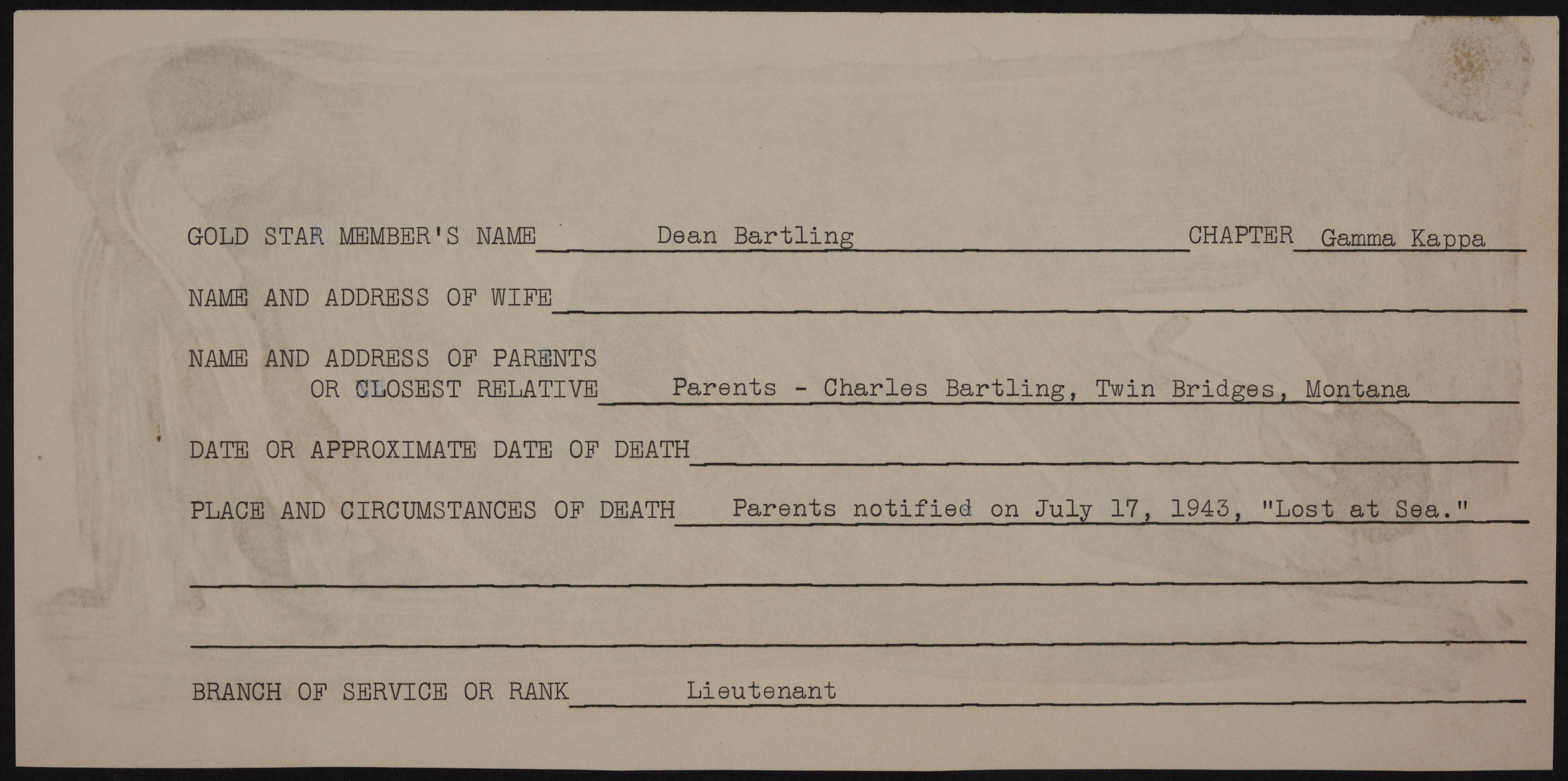 Charles Dean Bartling War Record Form