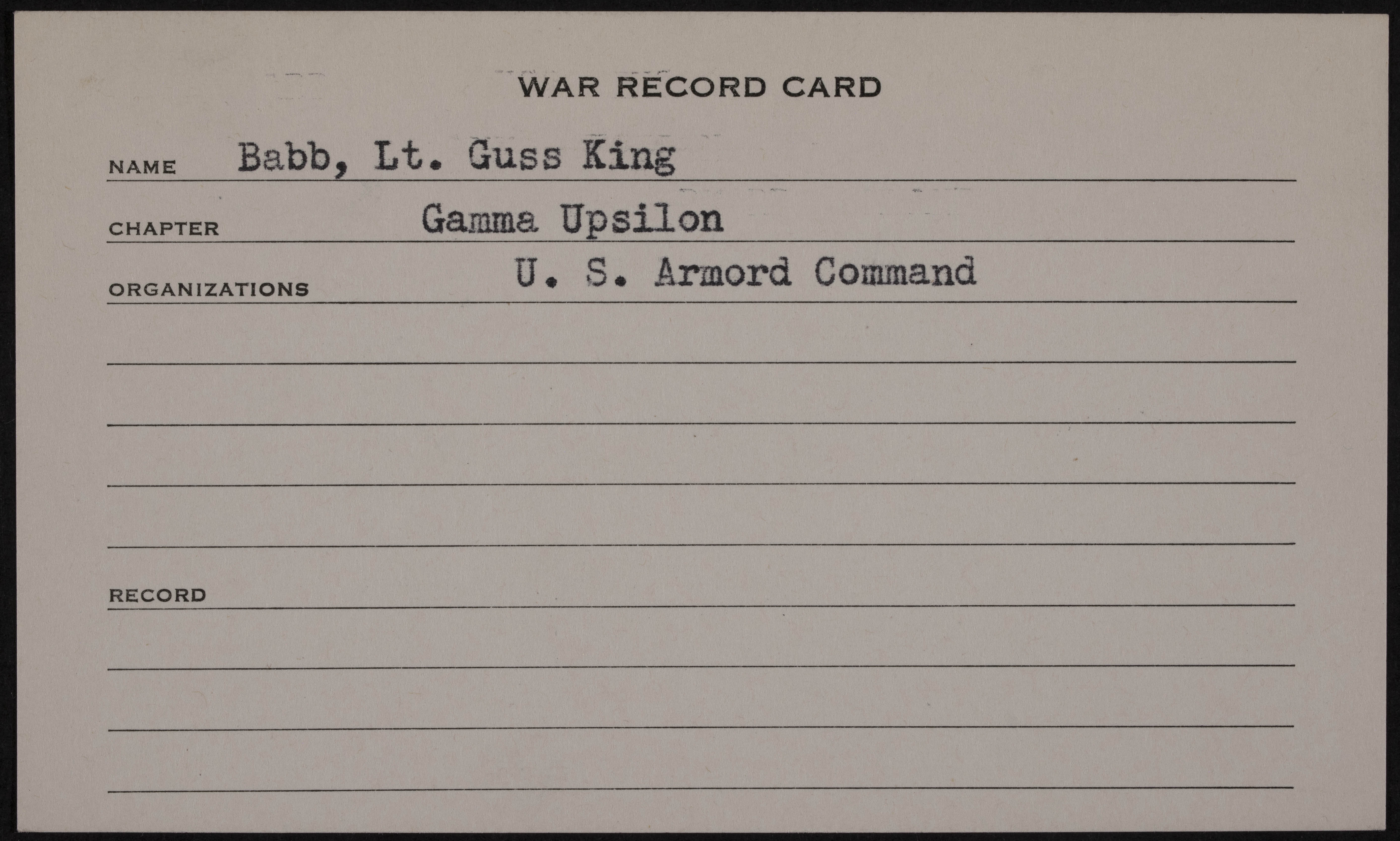 Guss King Babb War Record Card 1