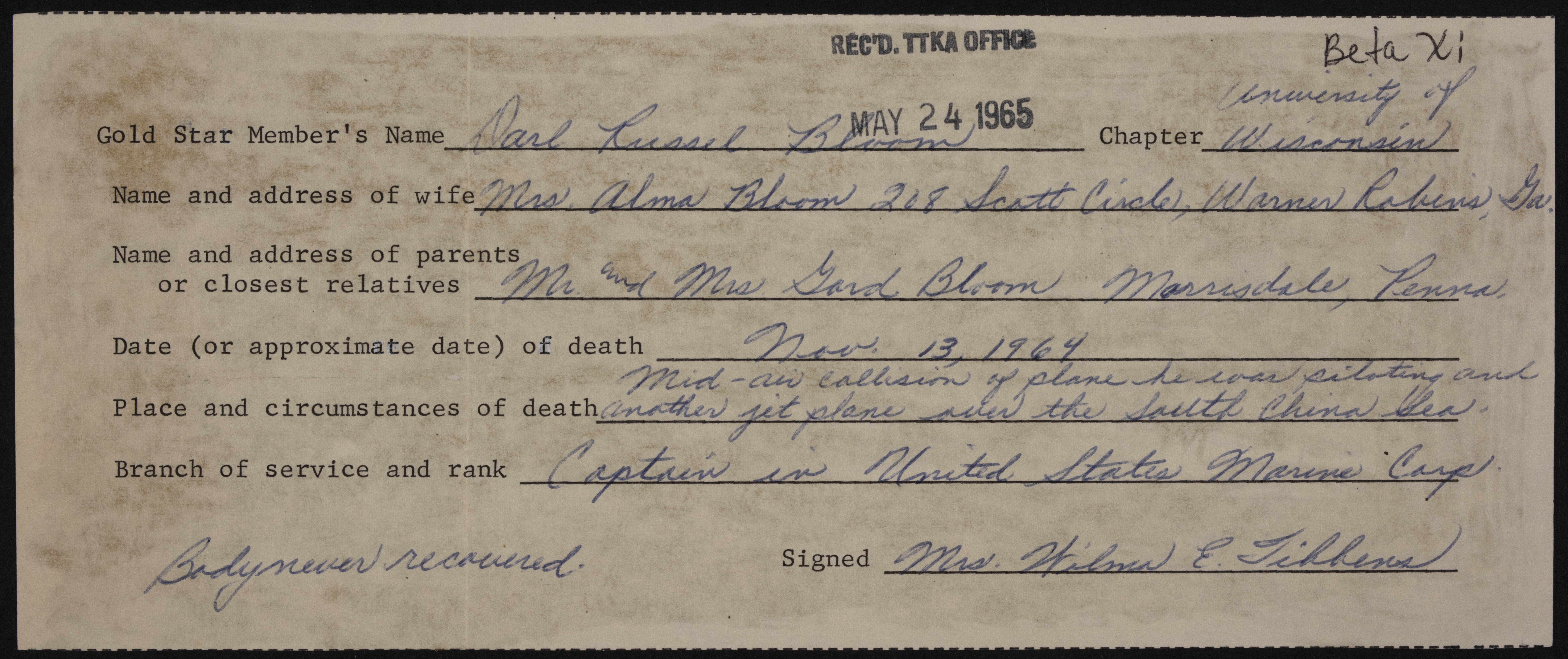 Darl Russell Bloom War Record Form, May 24, 1965