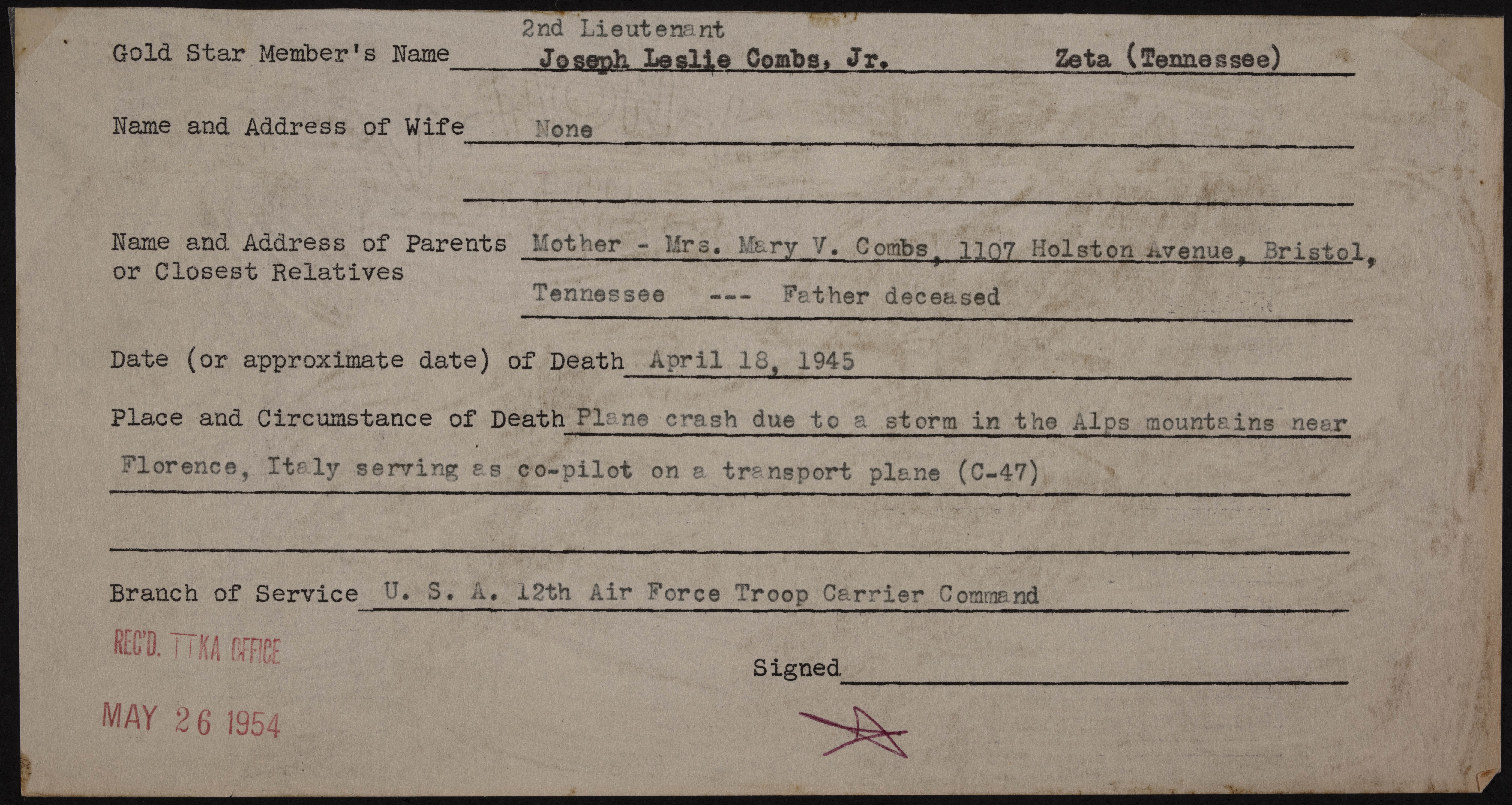 Joseph Leslie Combs Jr. War Record Form, May 26, 1954