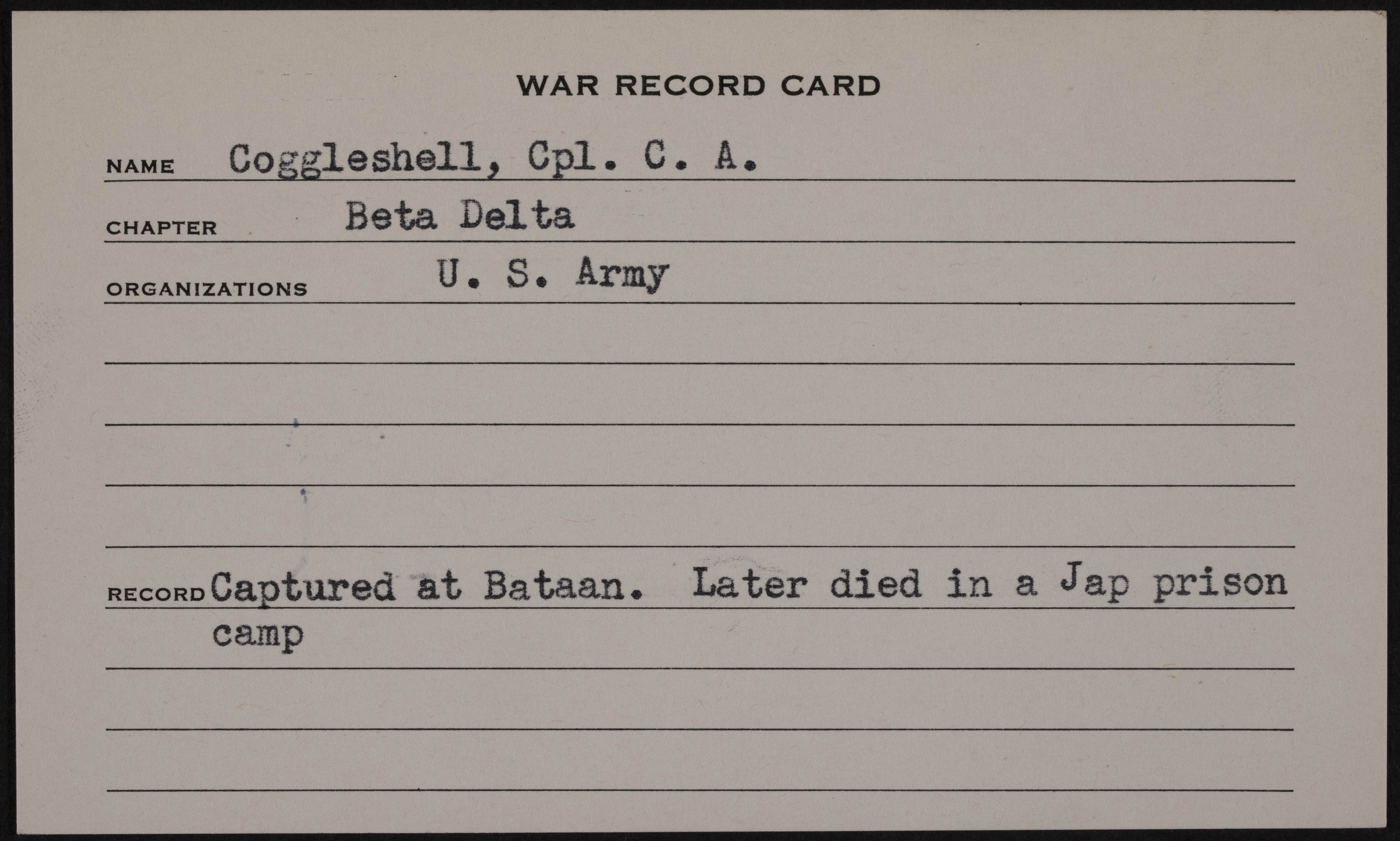 Charles Allen Coggeshall War Record Card
