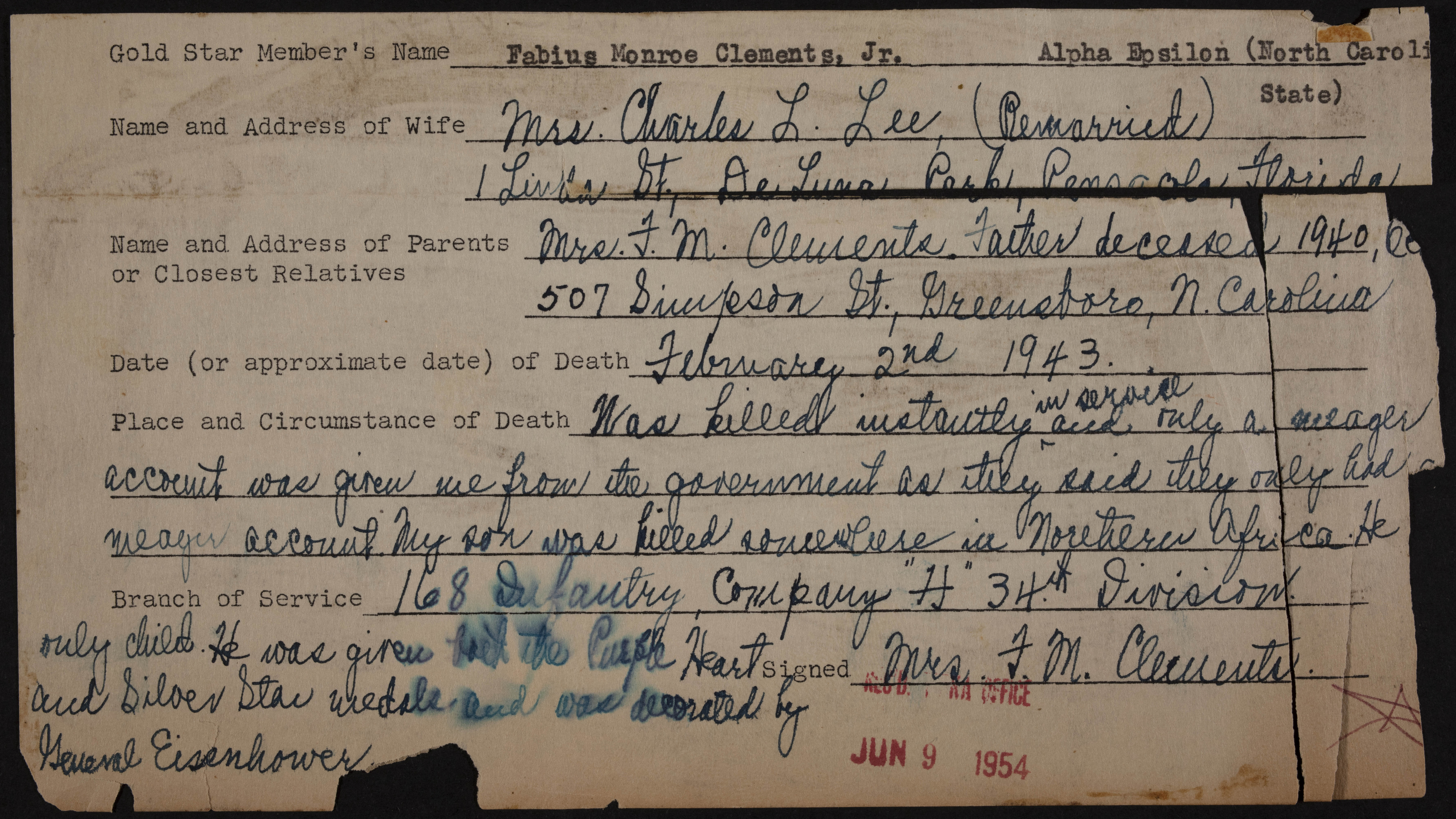 Fabius Monroe Clements Jr. War Record Form, June 9, 1954