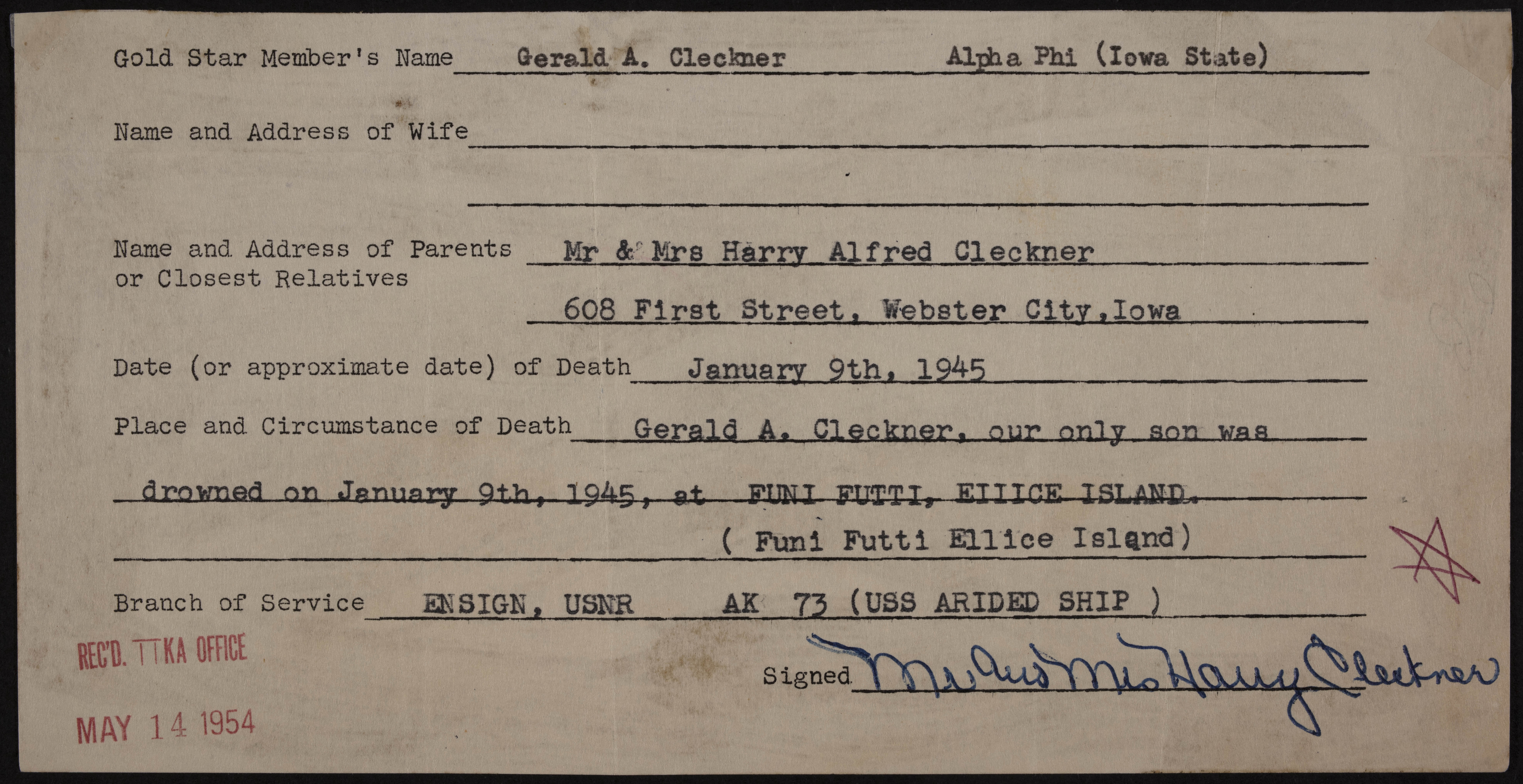 Gerald A. Cleckner War Record Form, May 14, 1954