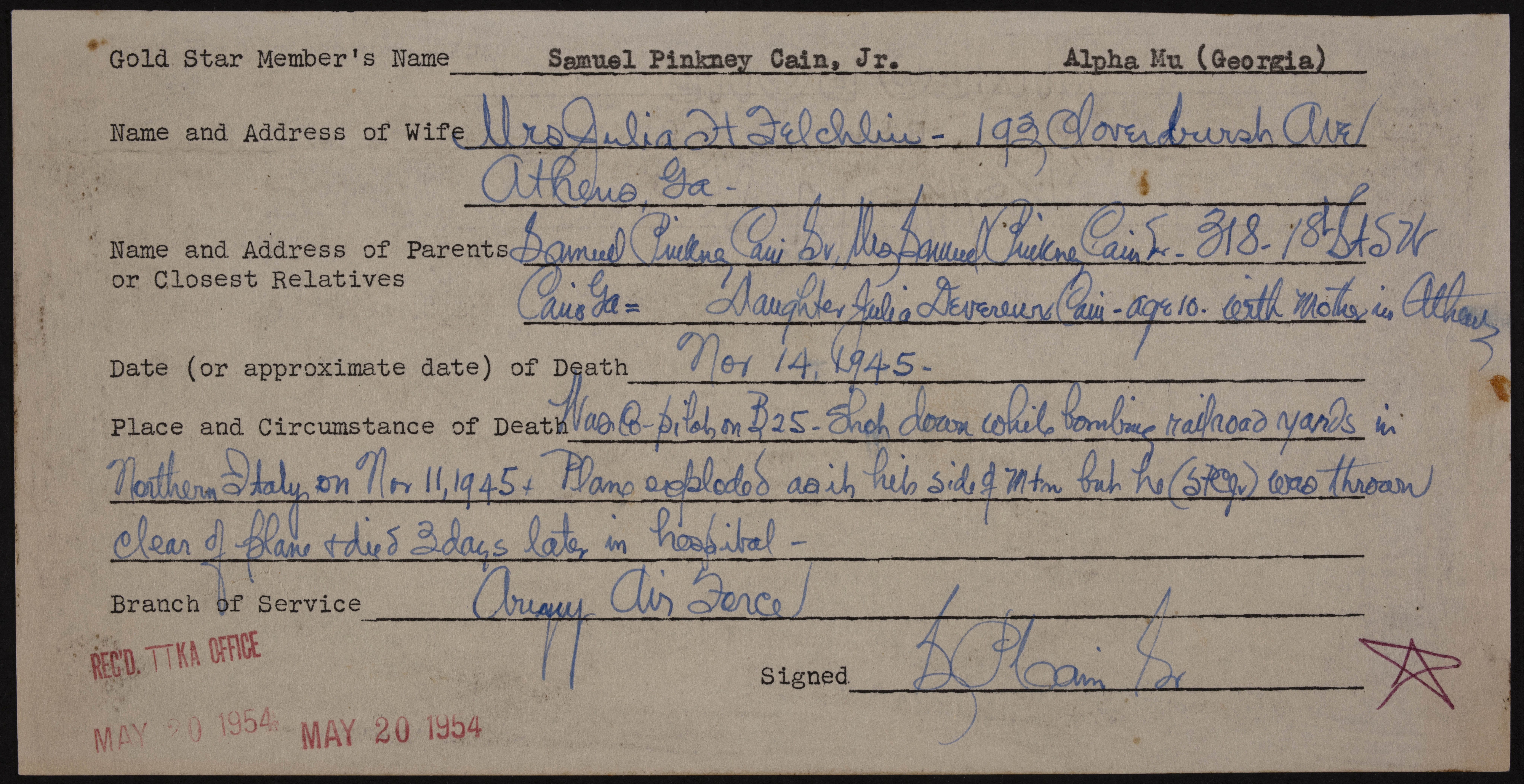 Samuel Pinkney Cain Jr. War Record Form, May 20, 1954