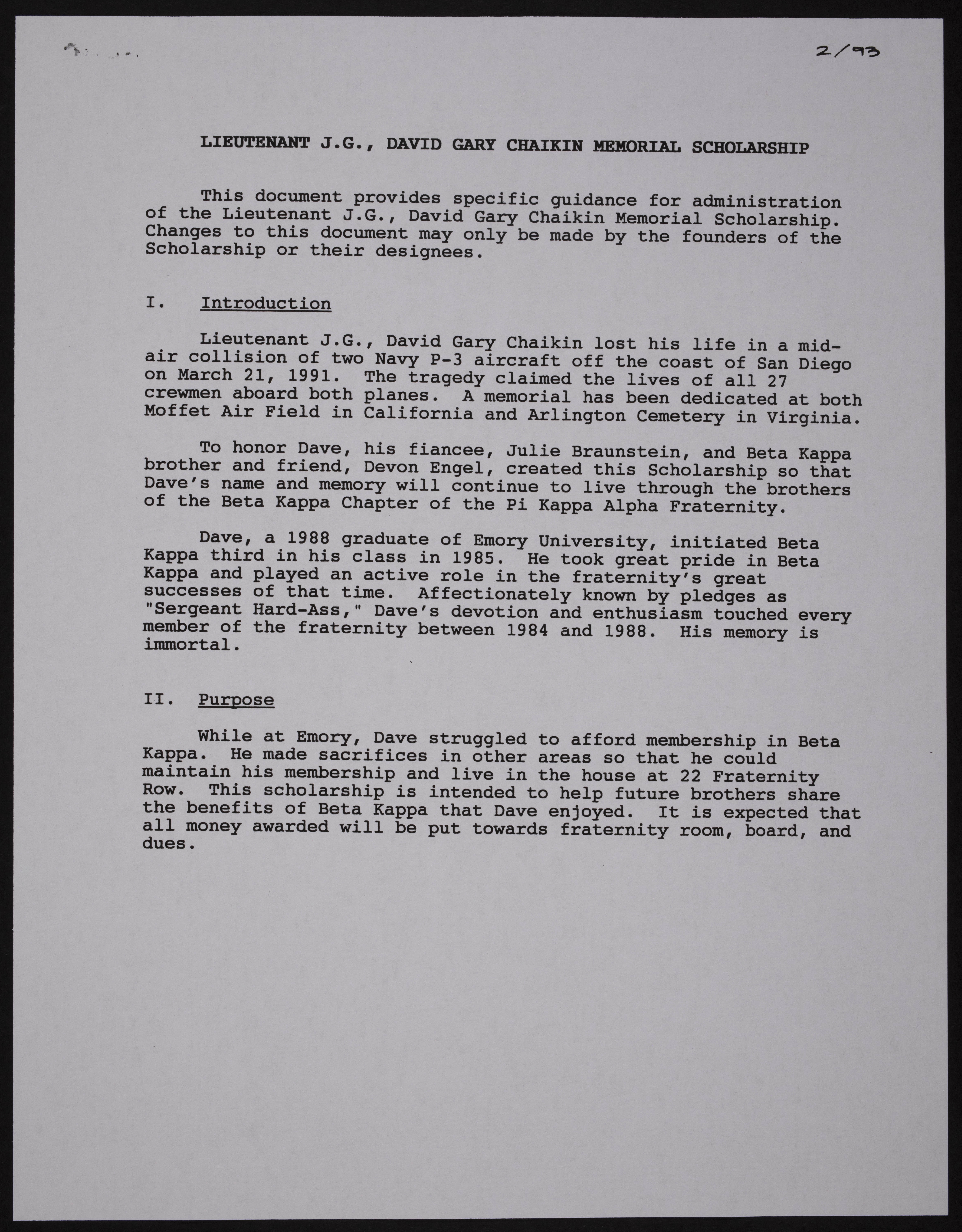 David Gary Chaikin Memorial Scholarship Document, February 3, 1993