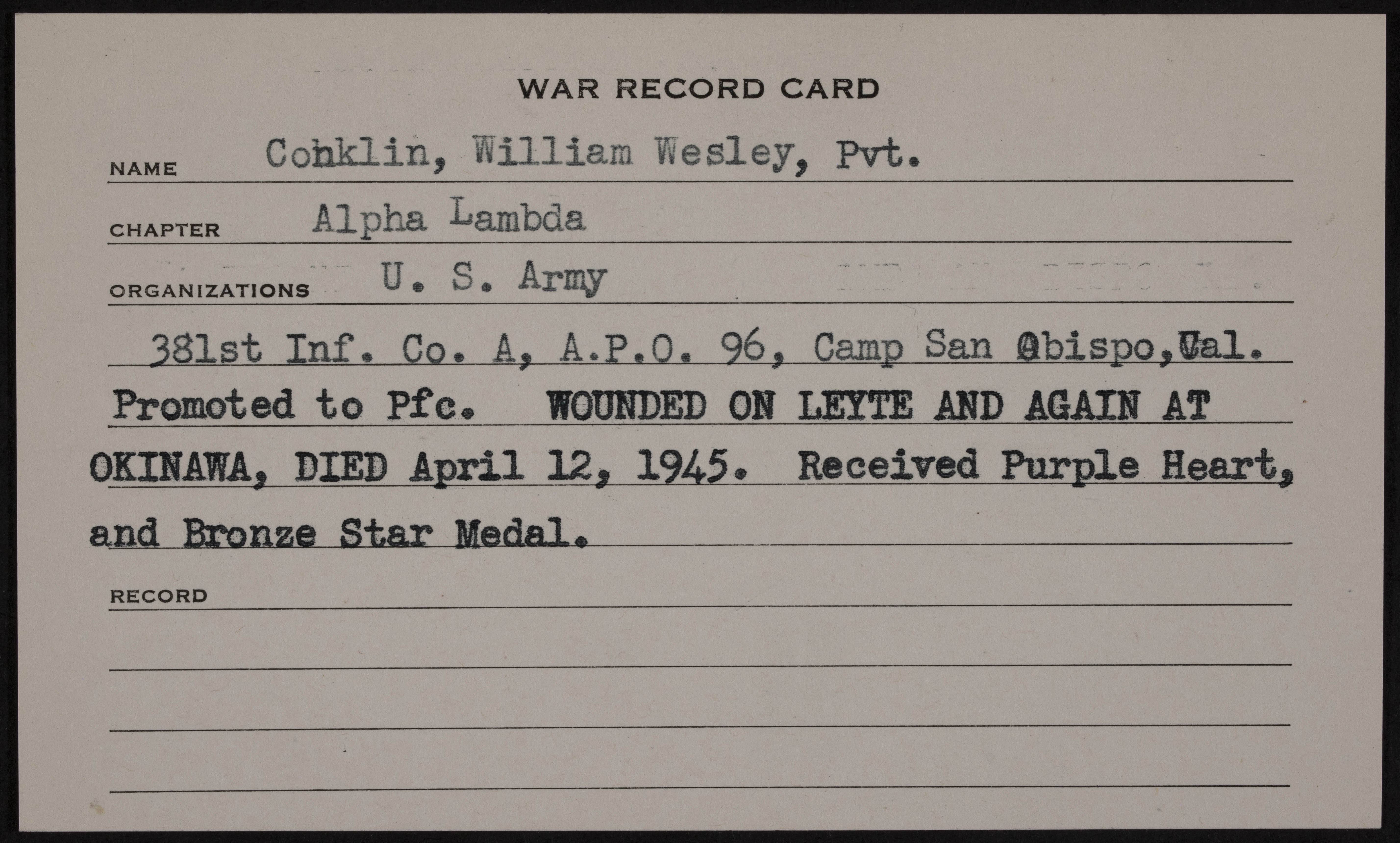 William Wesley Conklin War Record Card