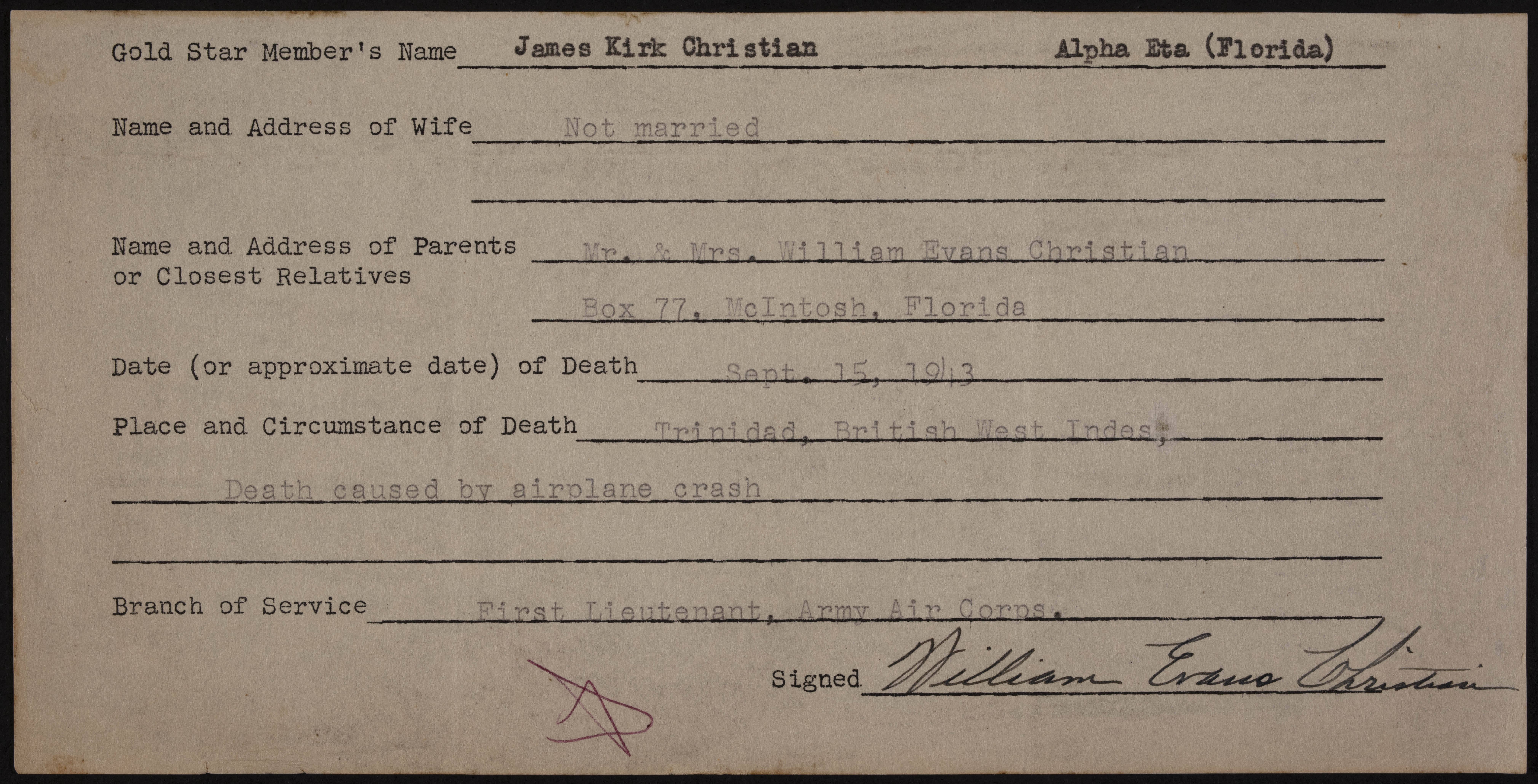 James Kirk Christian War Record Form