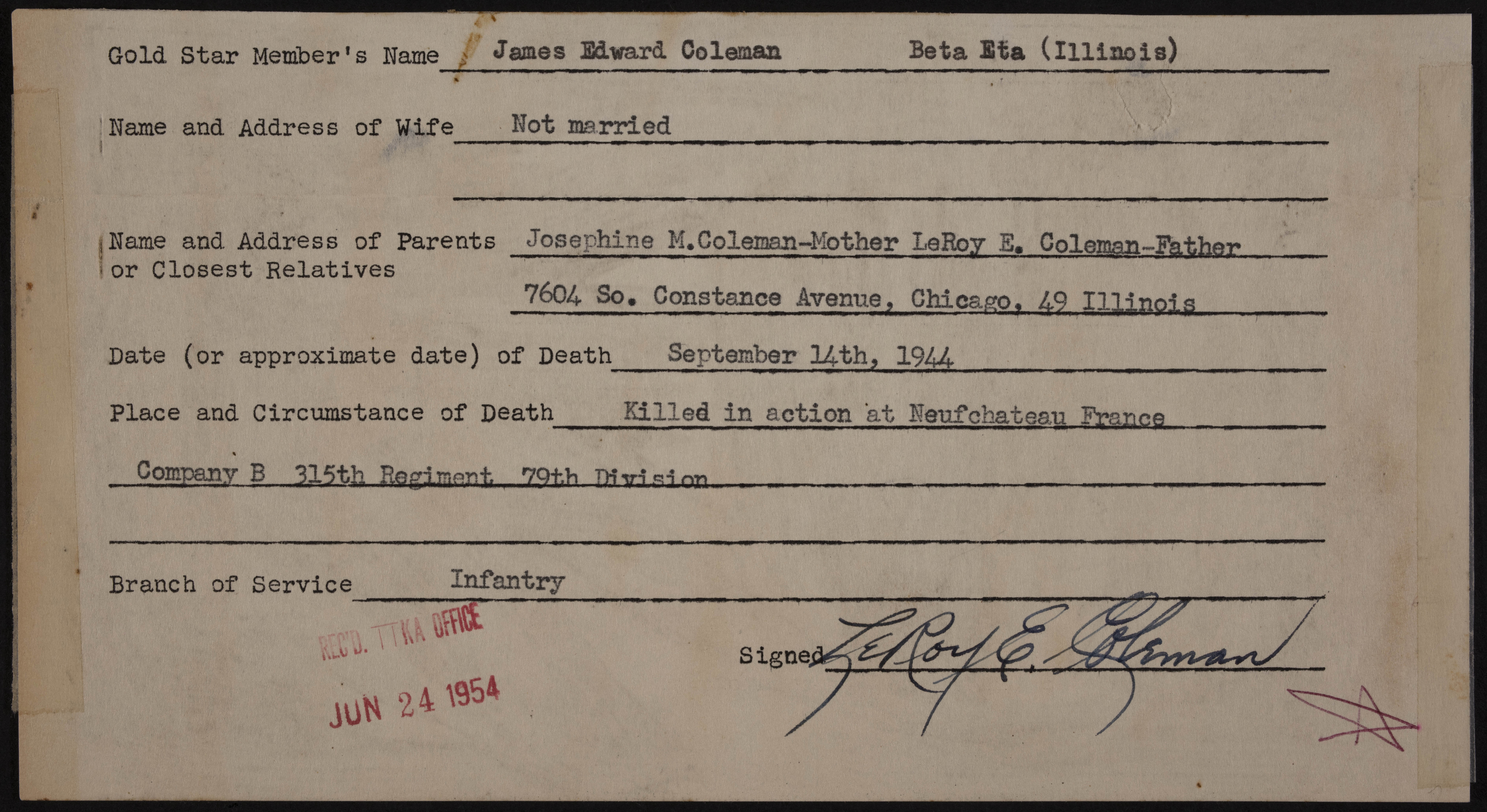James Edward Coleman War Record Form, Jun 24, 1954