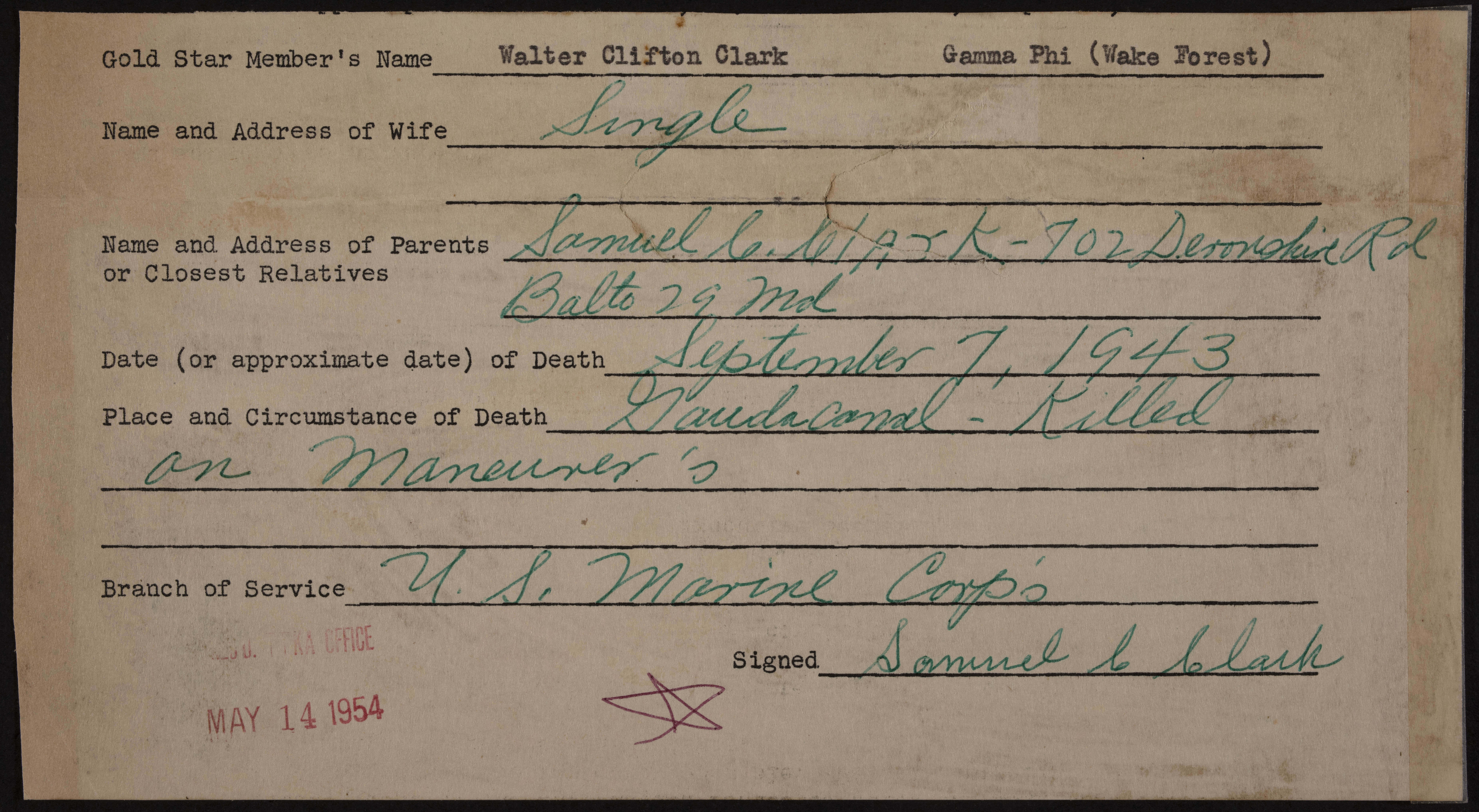 Walter Clifton Clark War Record Form, May 14, 1954