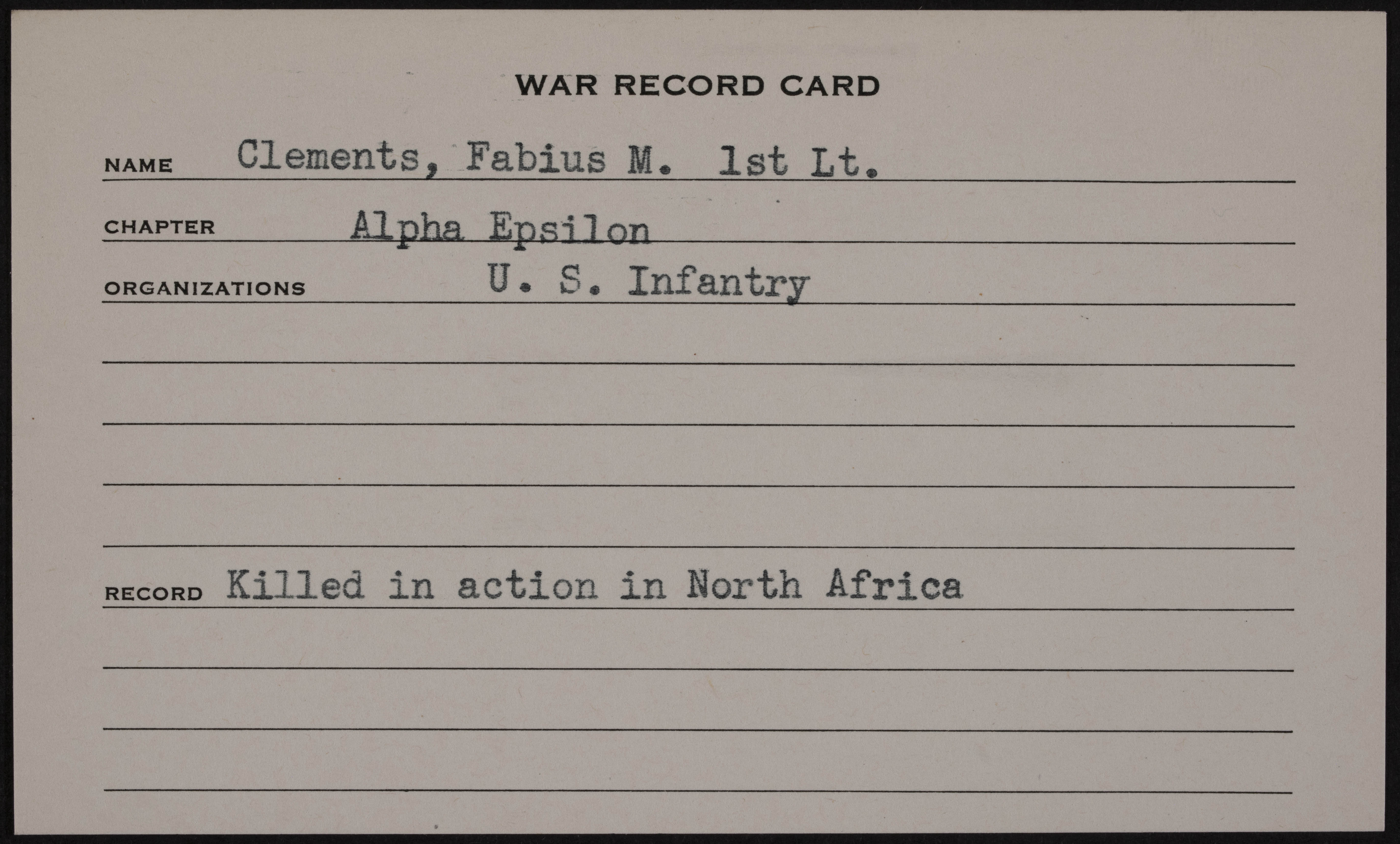 Fabius Monroe Clements Jr. War Record Card