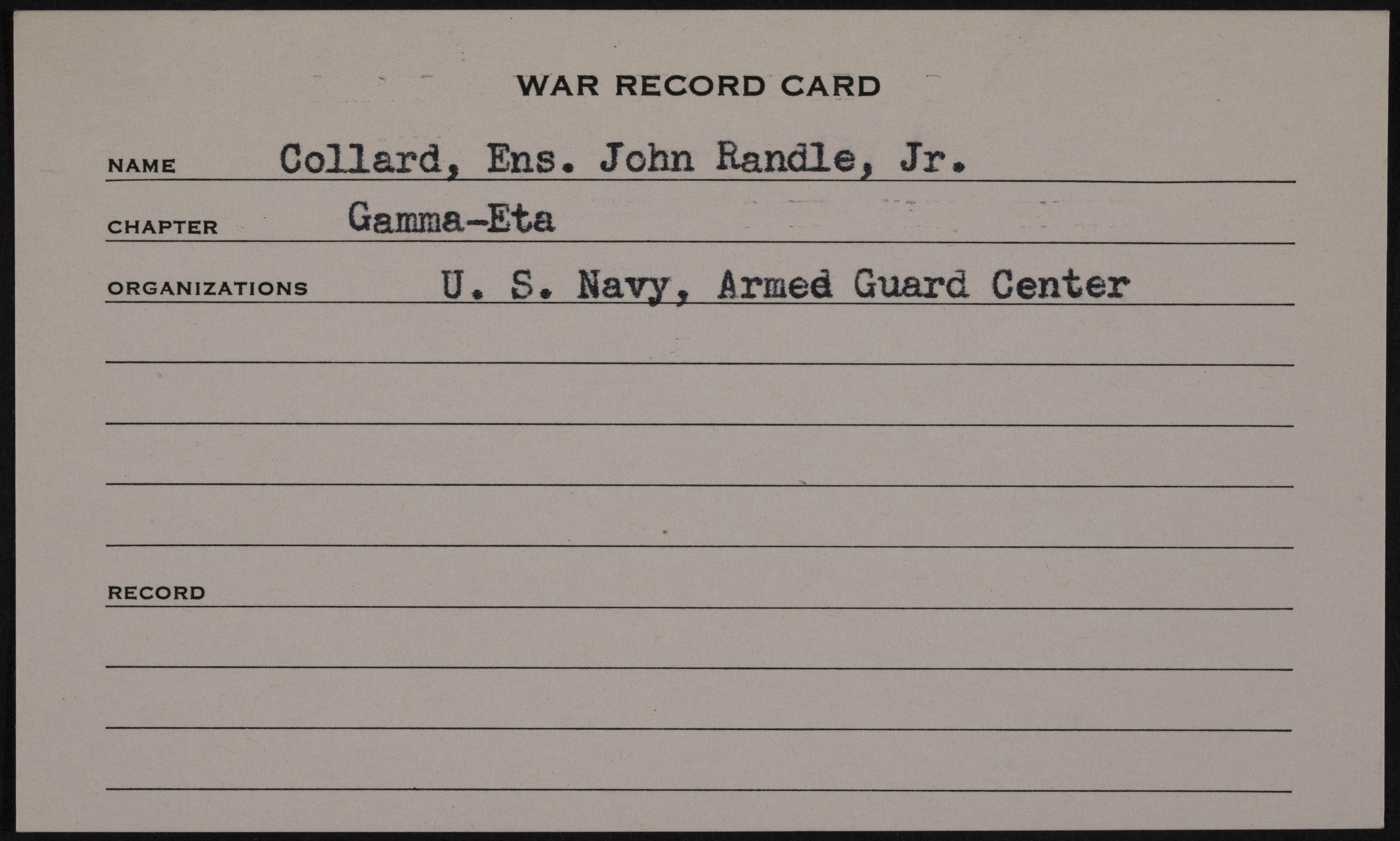 John Randle Collard Jr. War Record Card