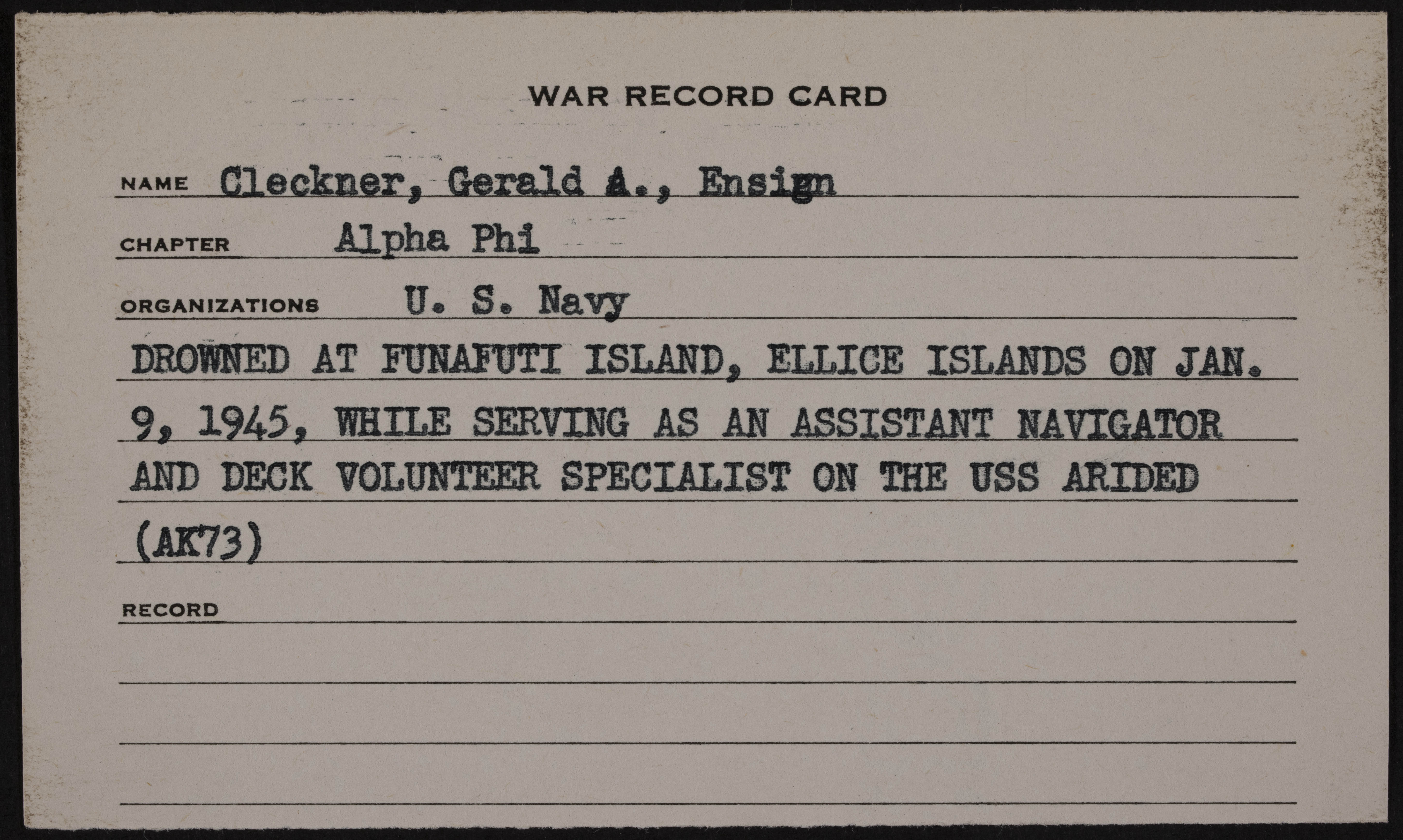 Gerald A. Cleckner War Record Card