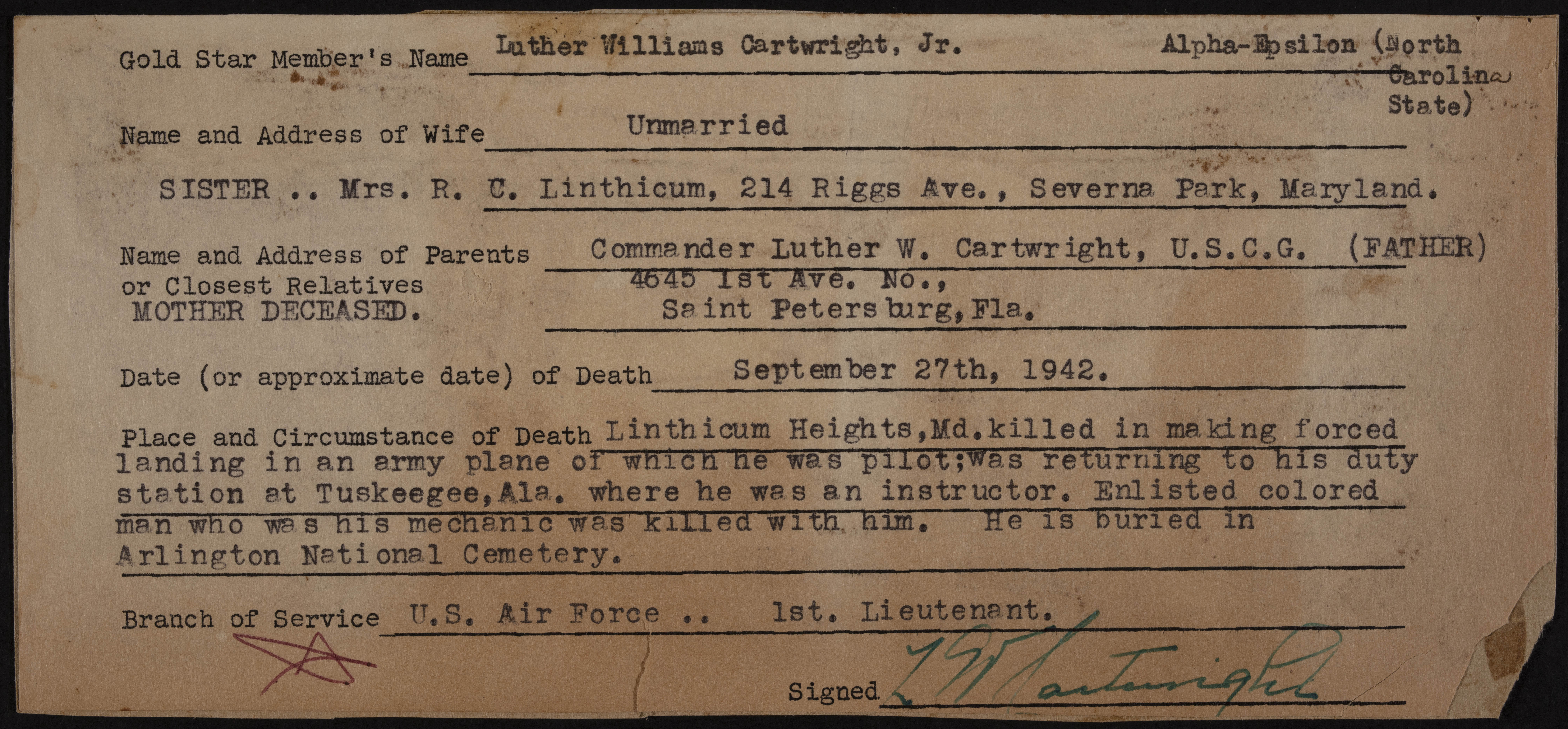 Luther Williams Cartwright Jr. War Record Form