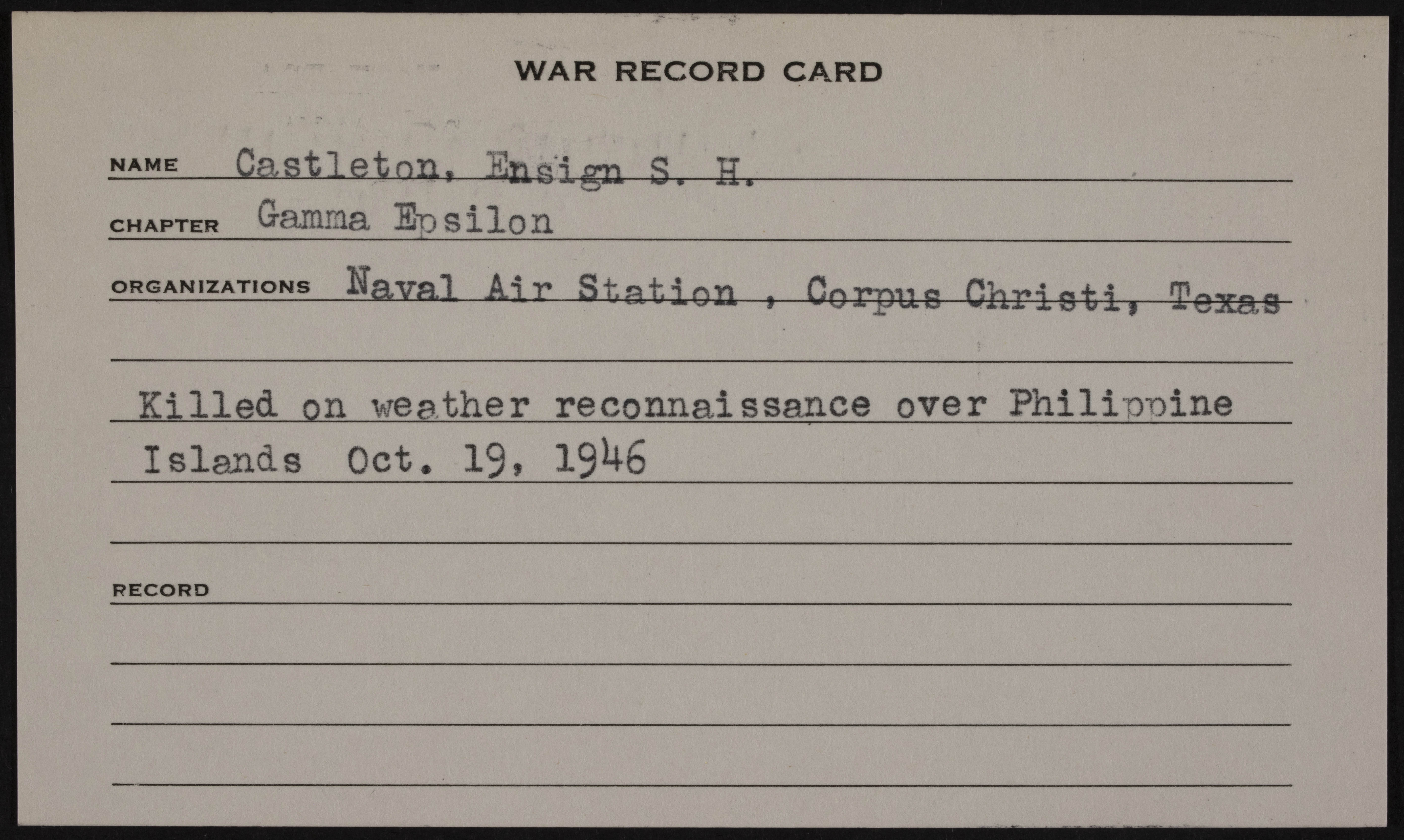 Stanley Howard Castleton War Record Card