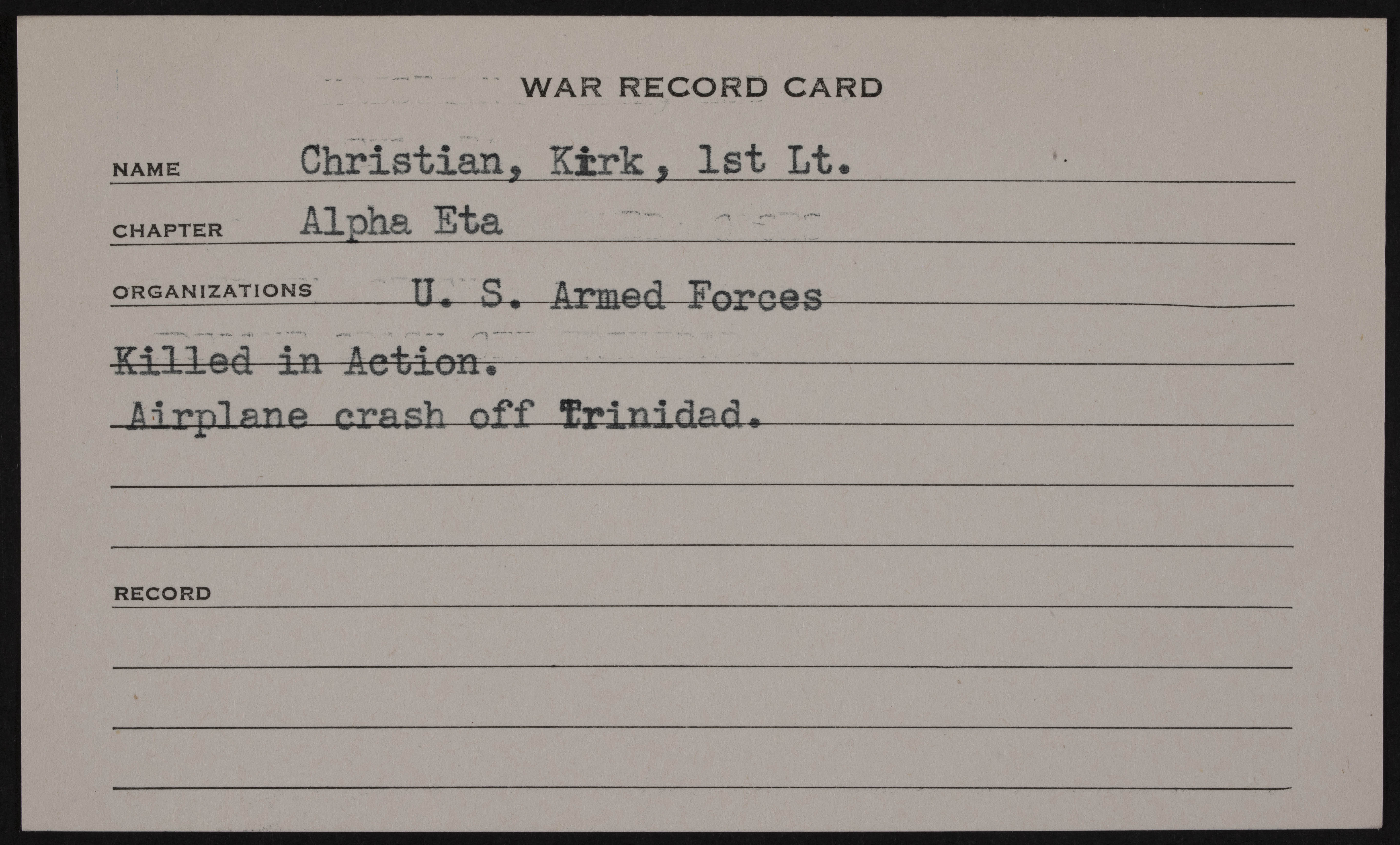 James Kirk Christian War Record Card