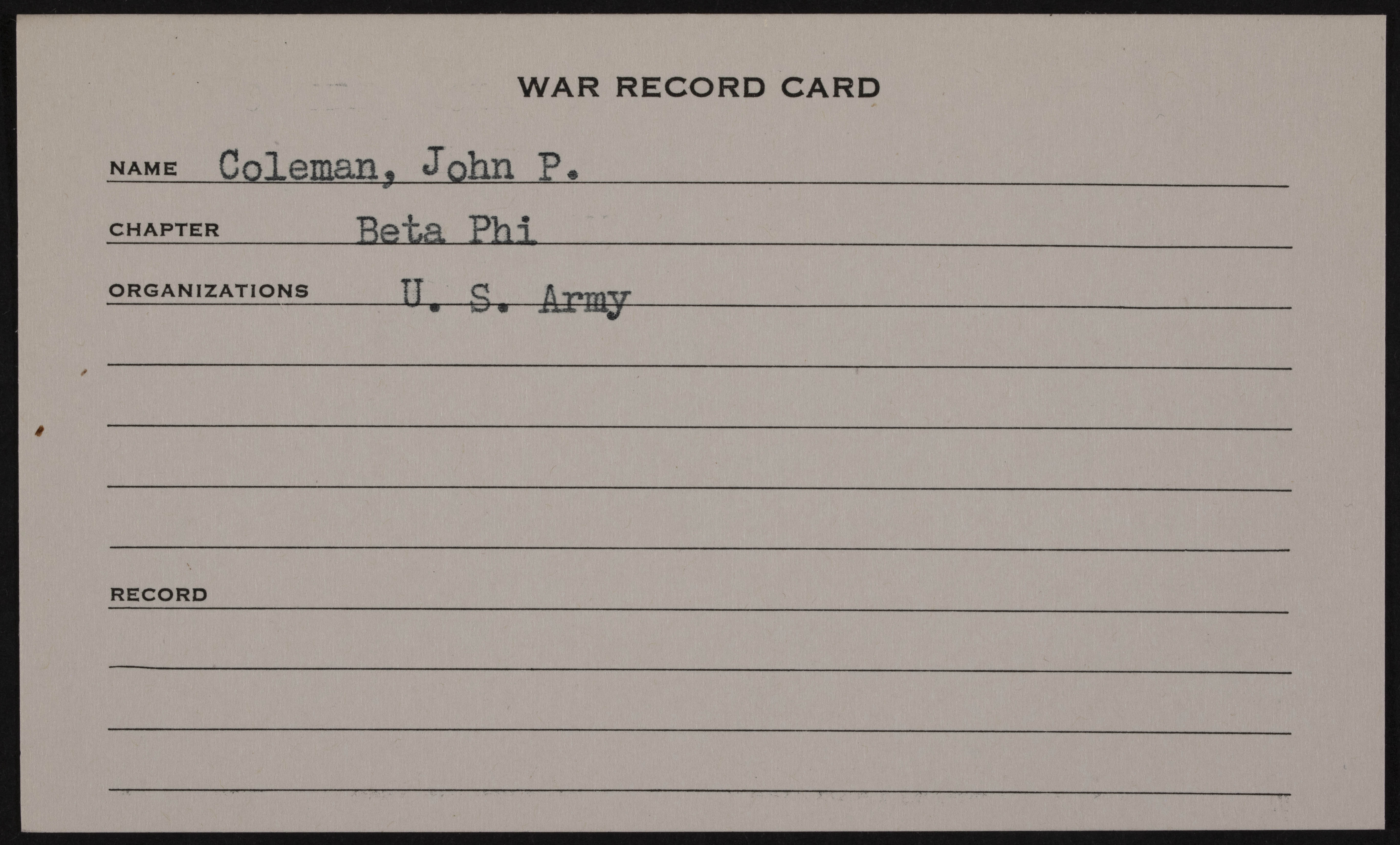 John Philip Coleman War Record Card