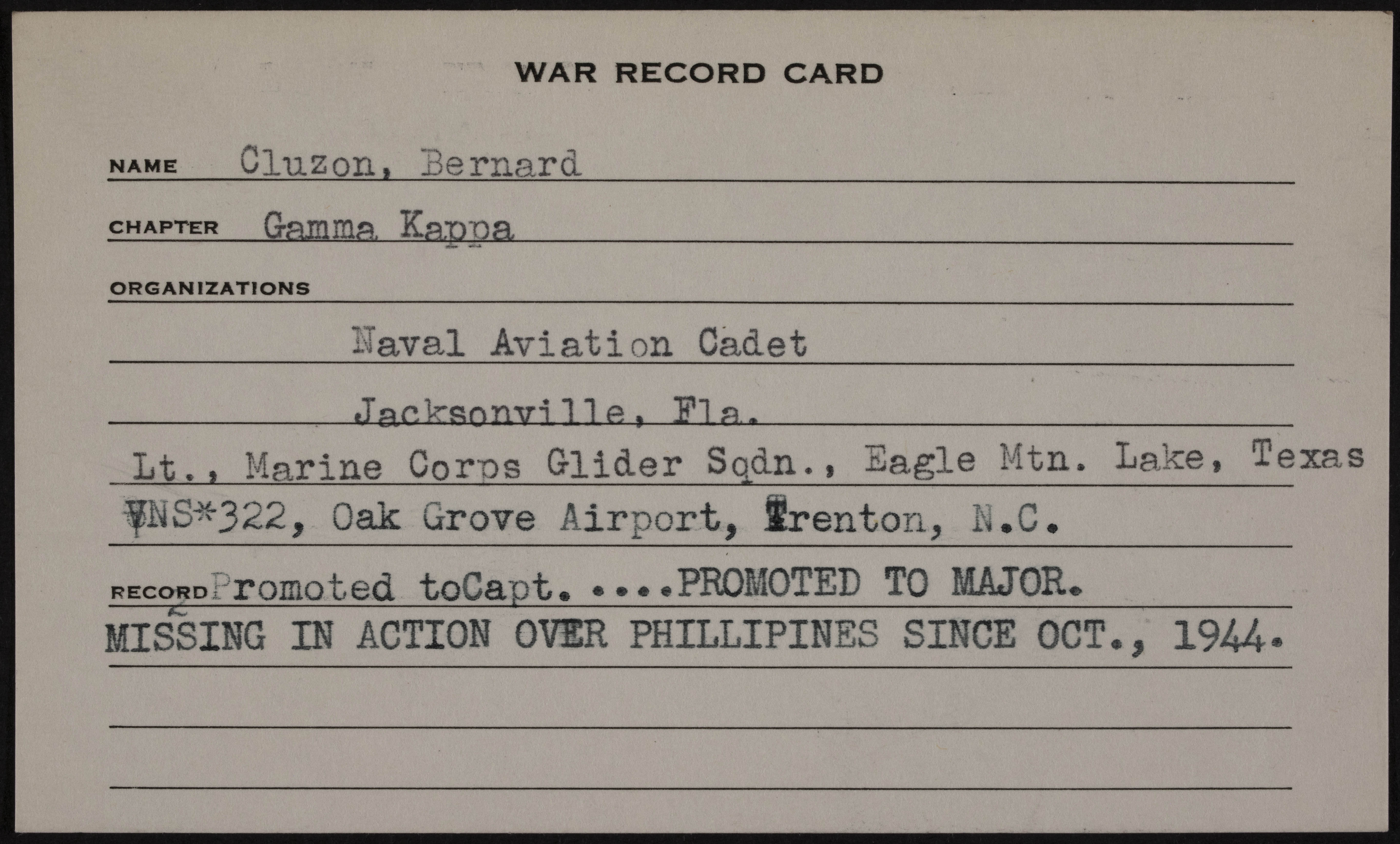 Bernard Sherman Cluzen War Record Card