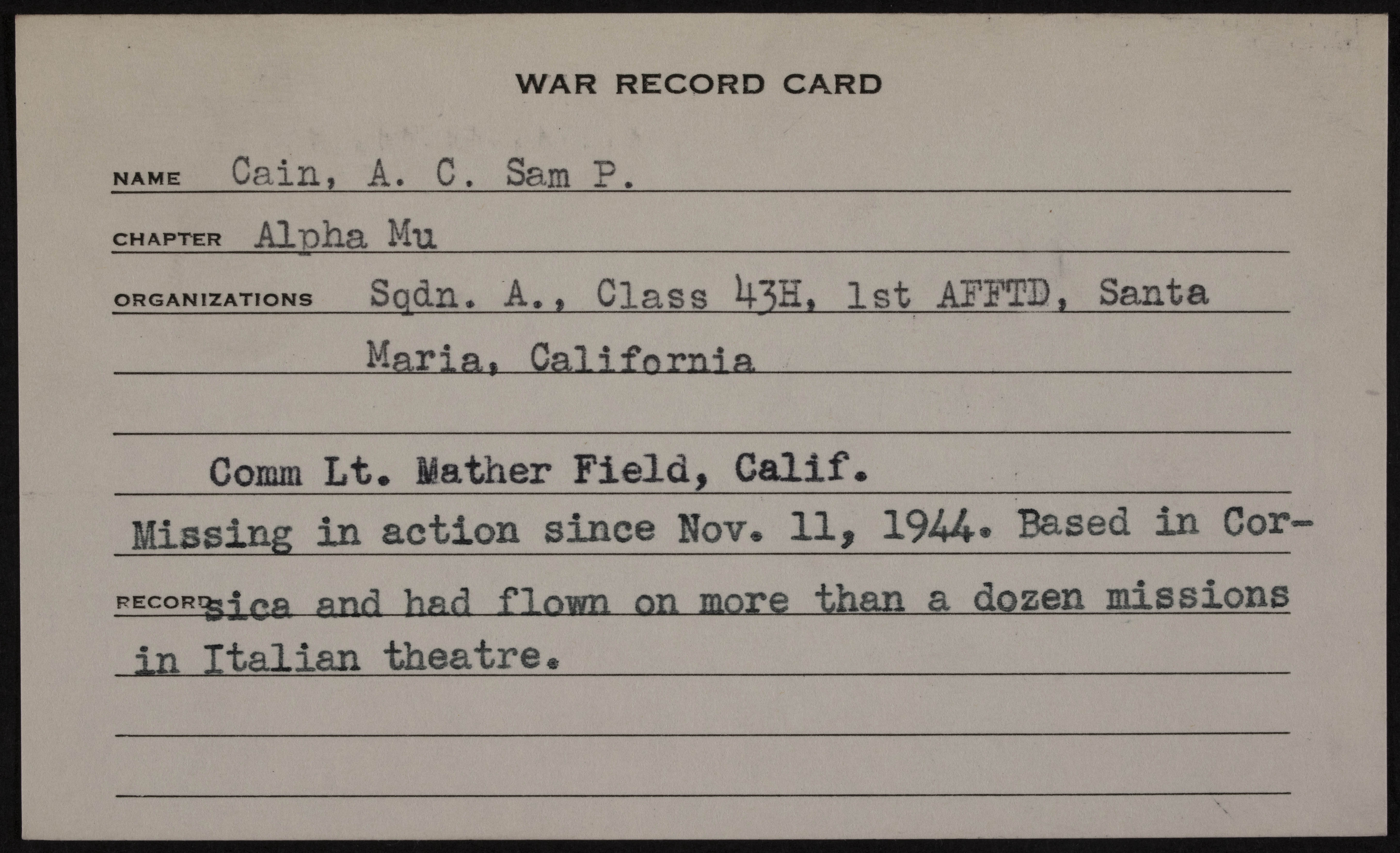 Samuel Pinkney Cain Jr. War Record Card