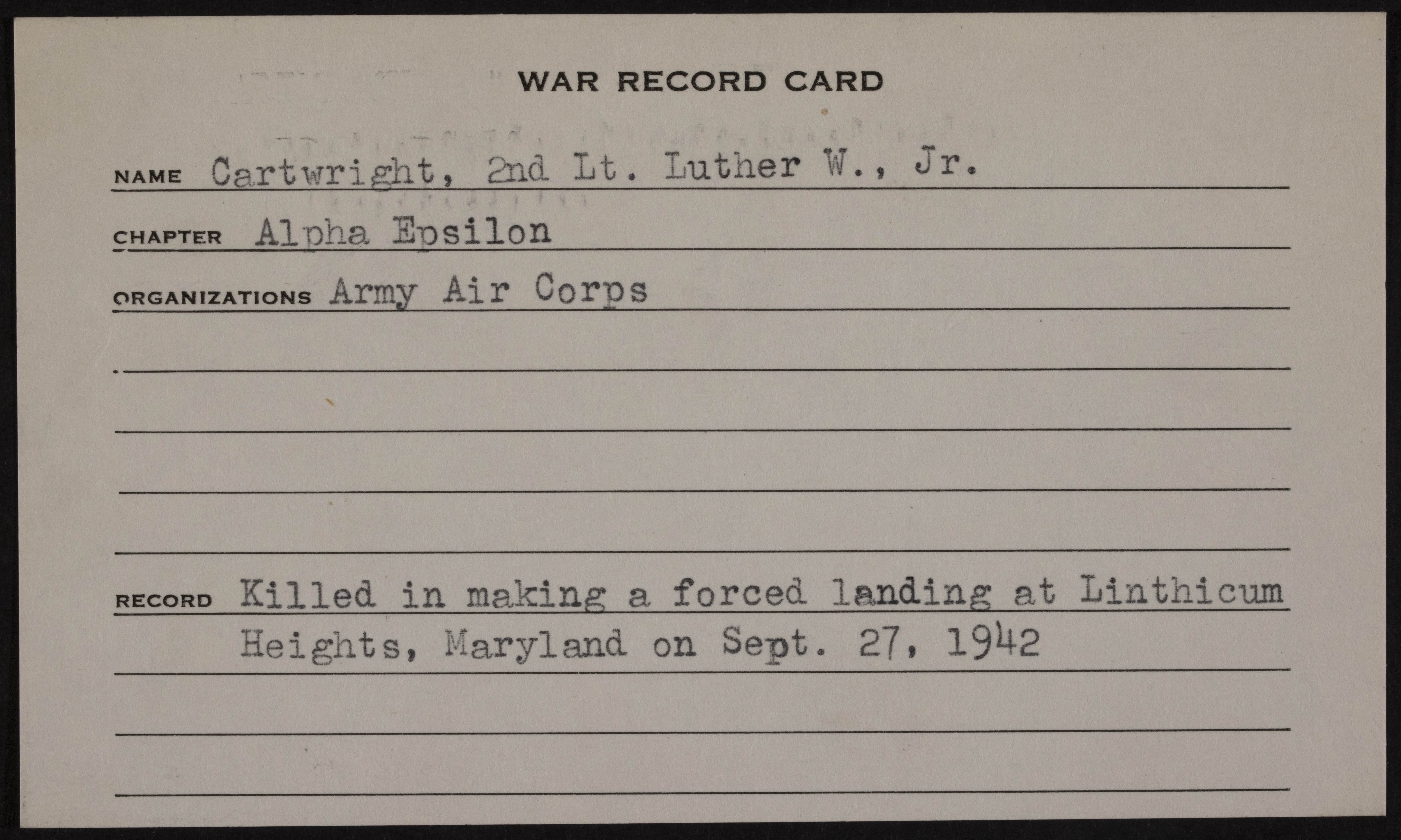 Luther Williams Cartwright Jr. War Record Card