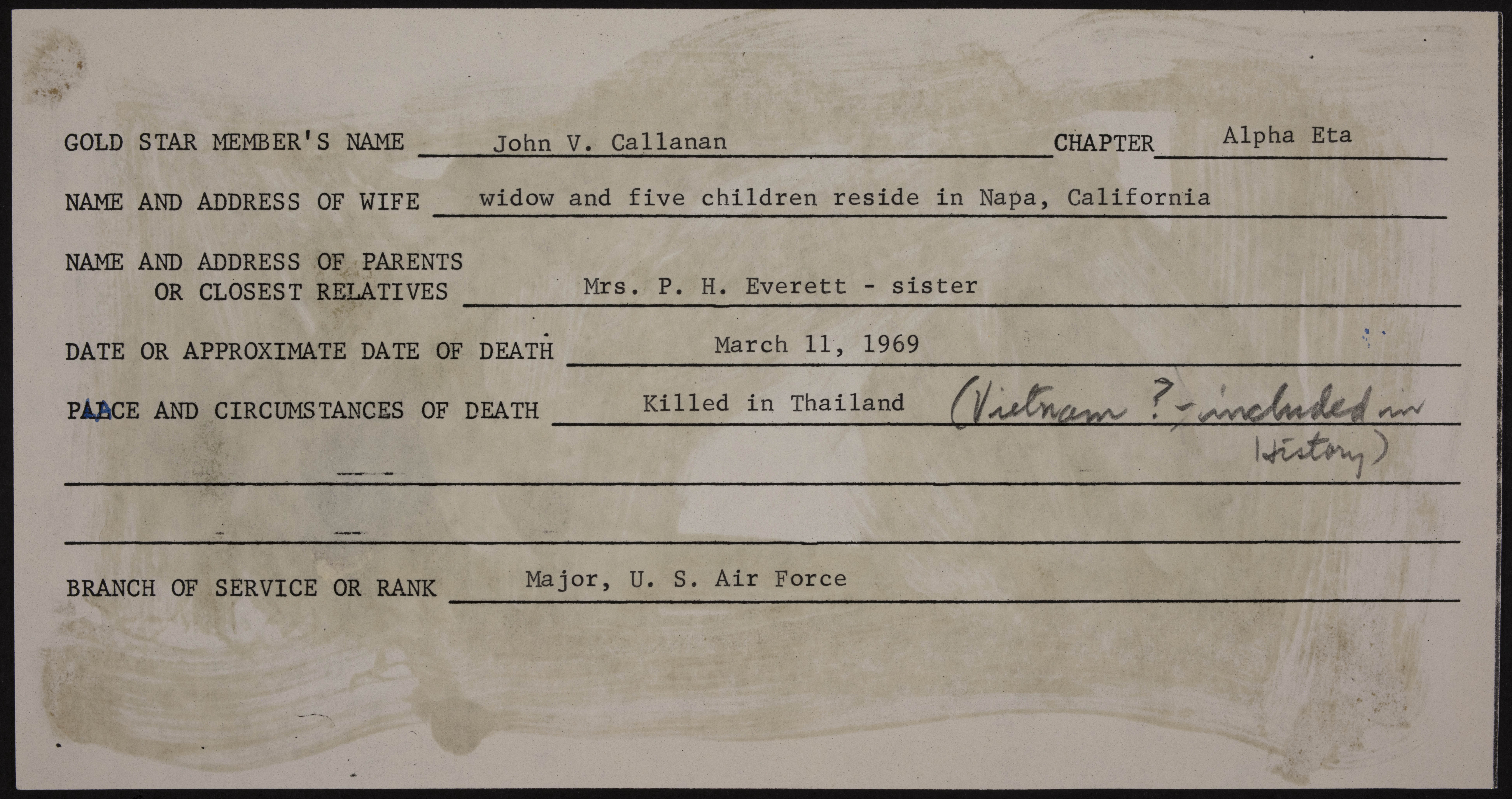 John V. Callanan War Record Form