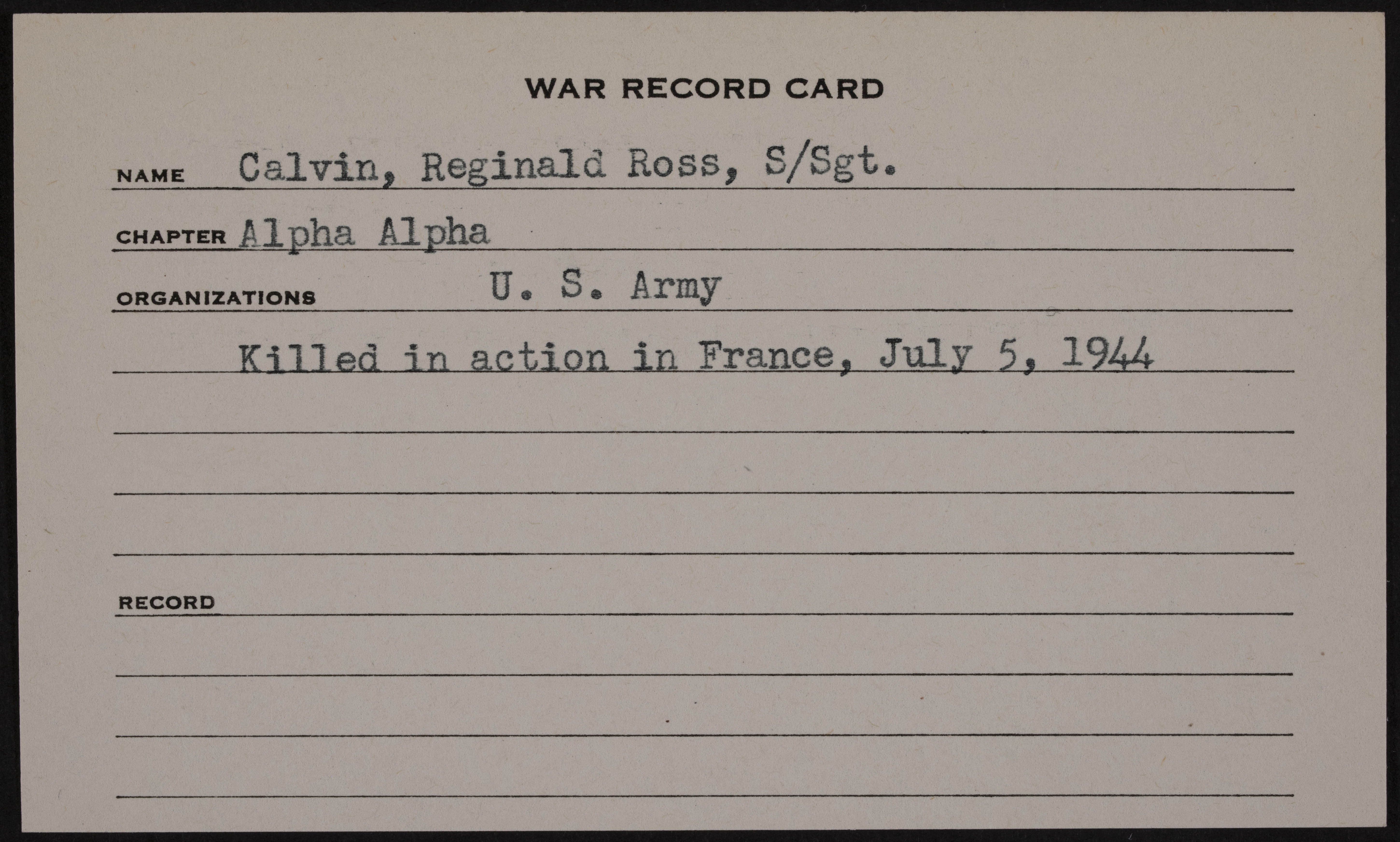 Reginald Ross Calvin War Record Card