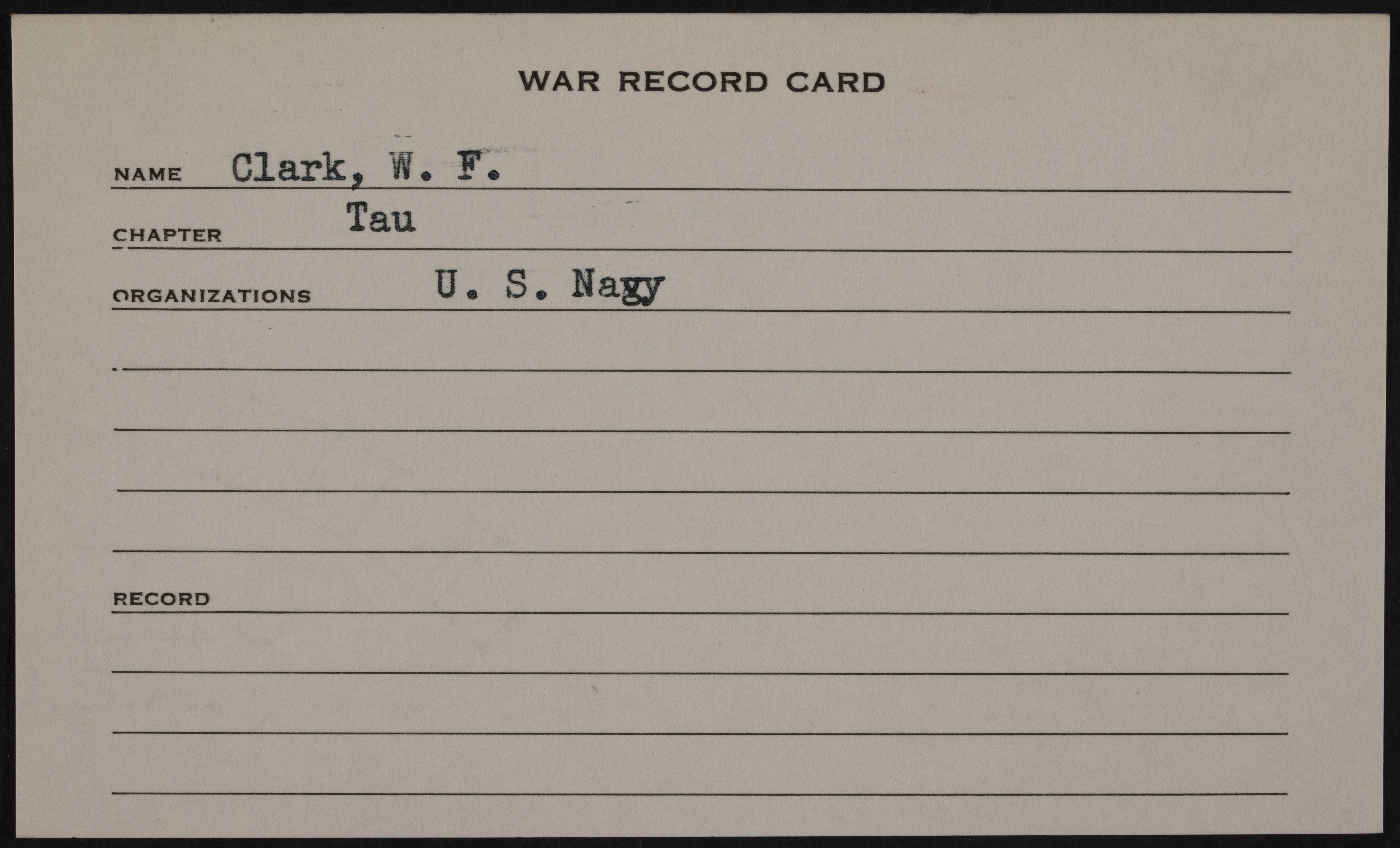 Walter Clifton Clark War Record Card