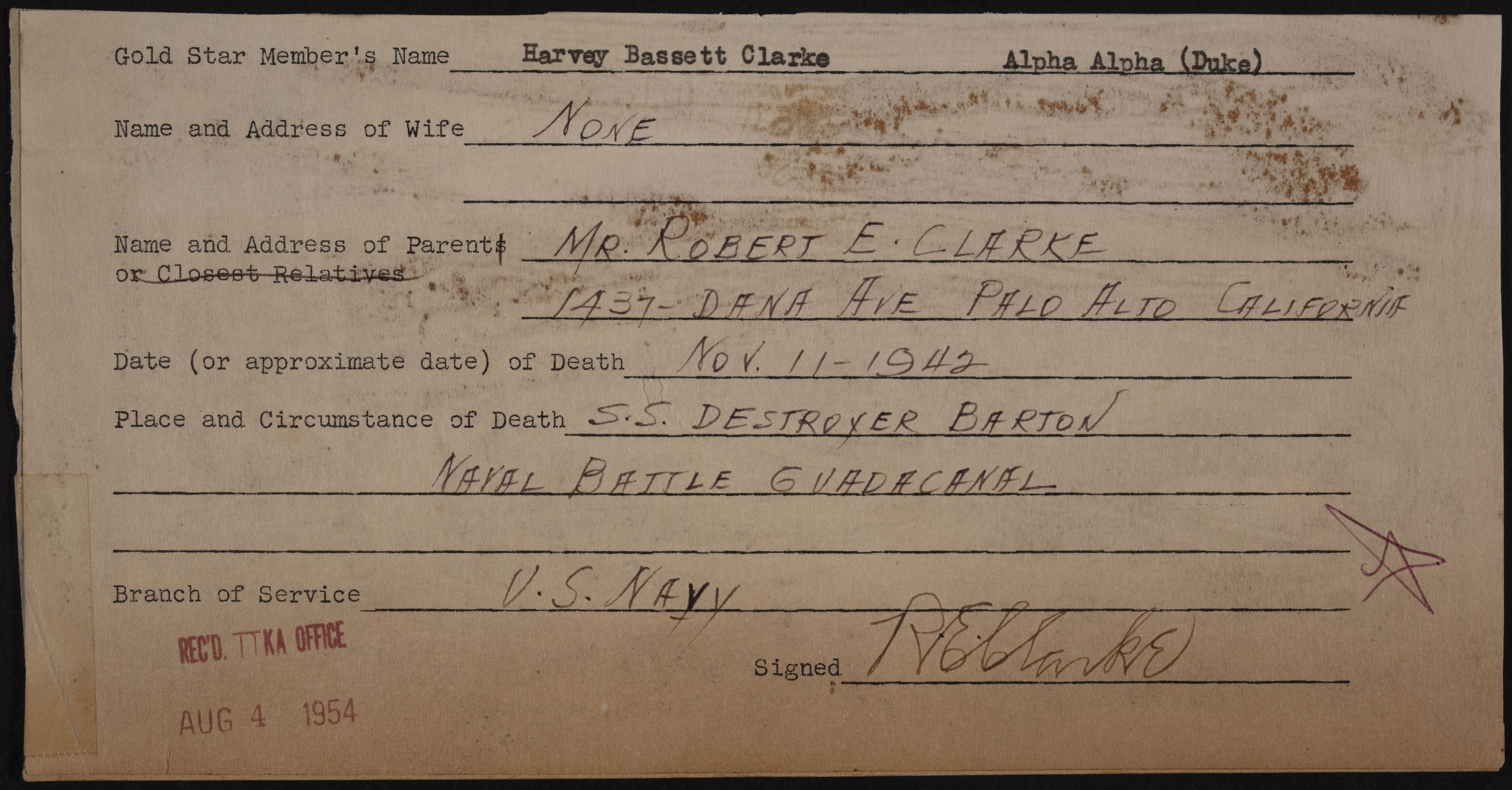 Harvey Bassett Clarke War Record Form