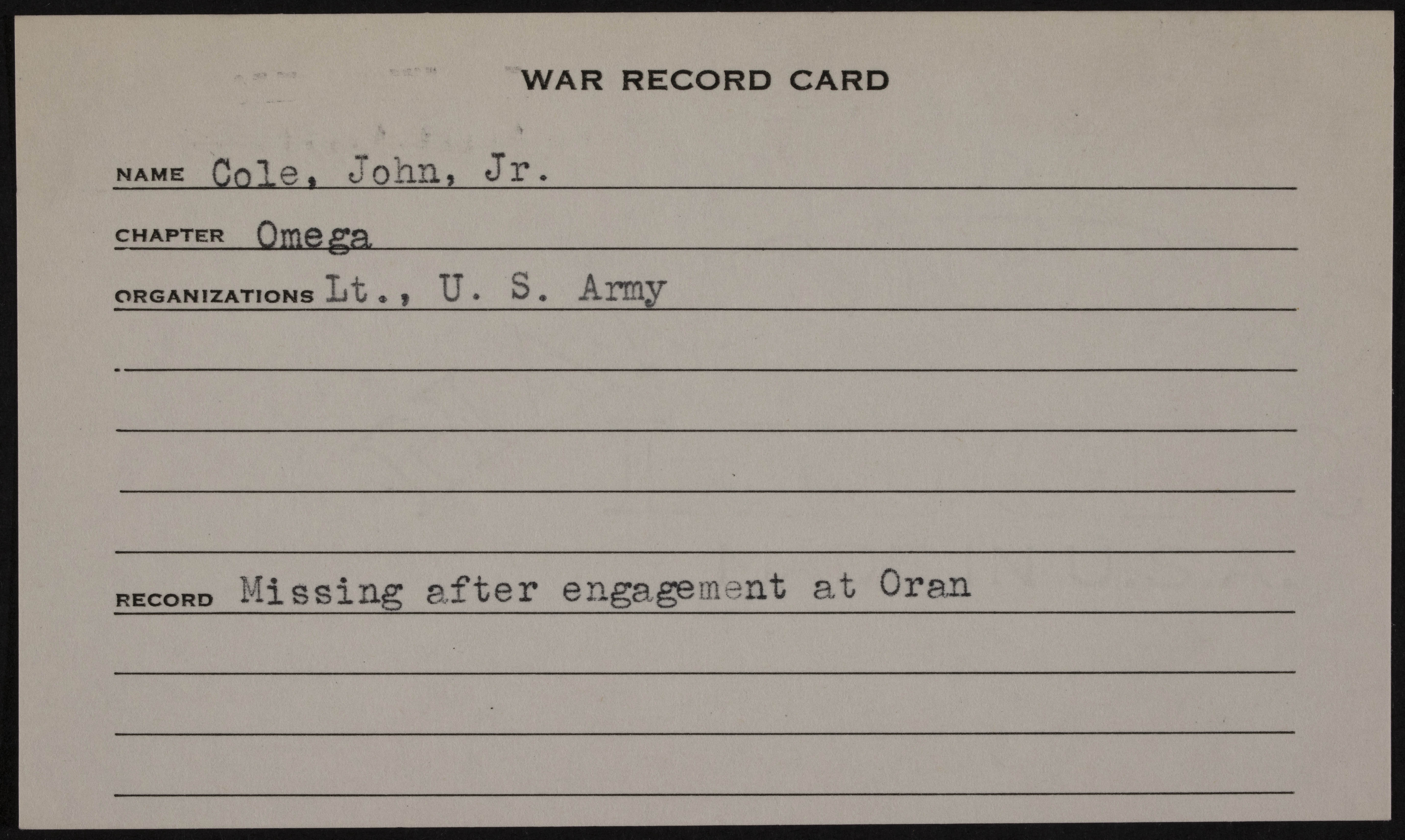 John S. Cole Jr. War Record Card