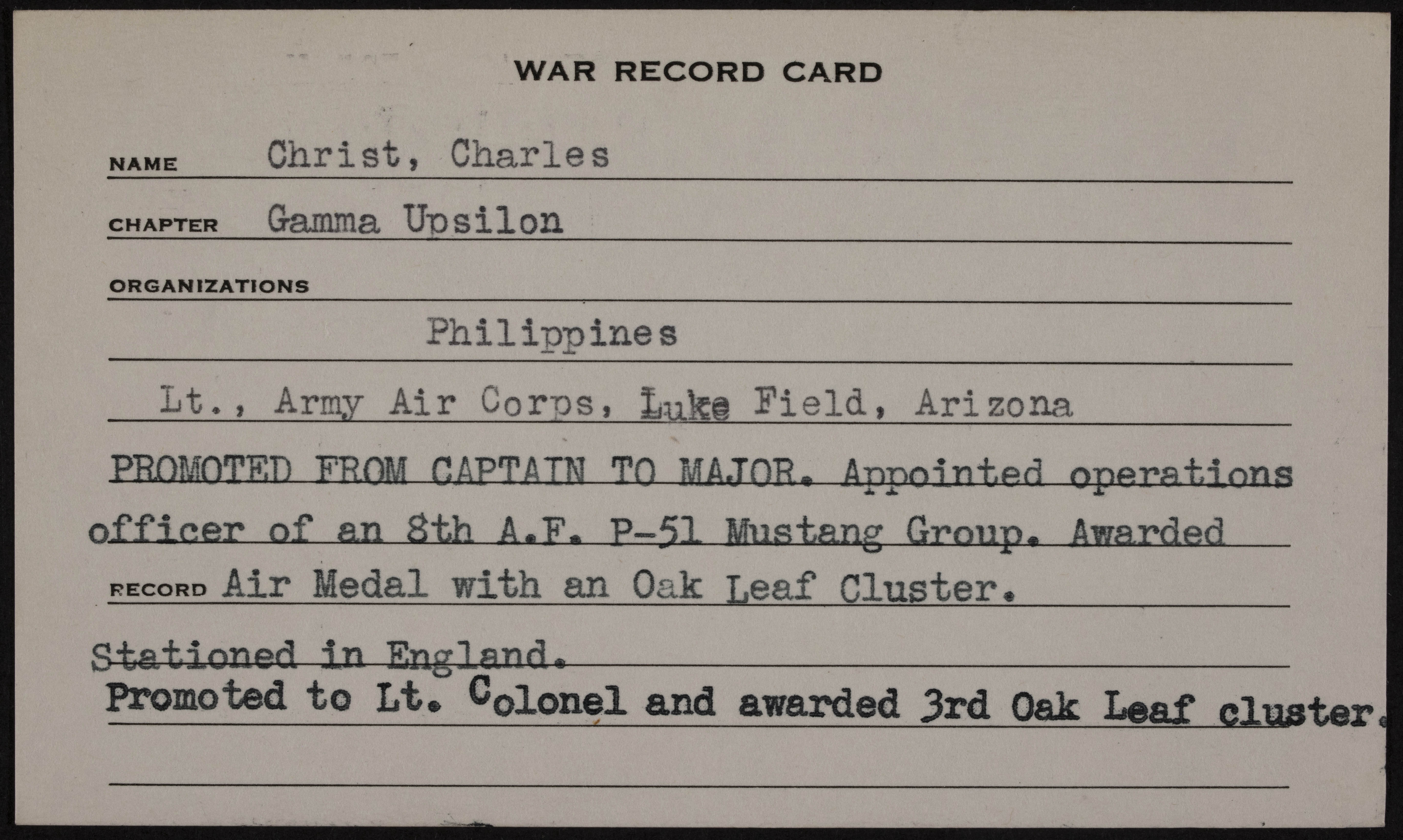 Charles M. Christ War Record Card