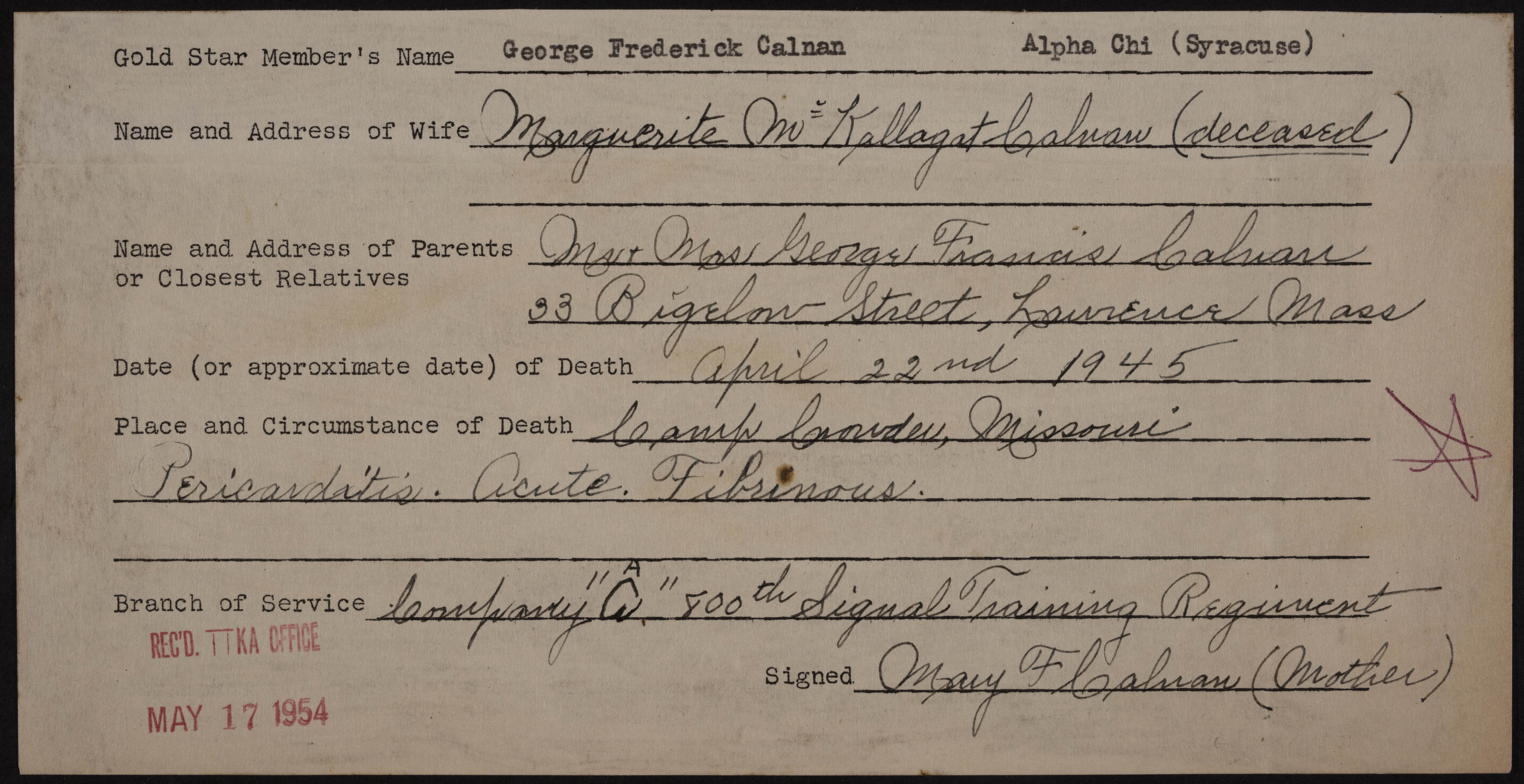 George Frederick Calnan War Record Form, May 17, 1954