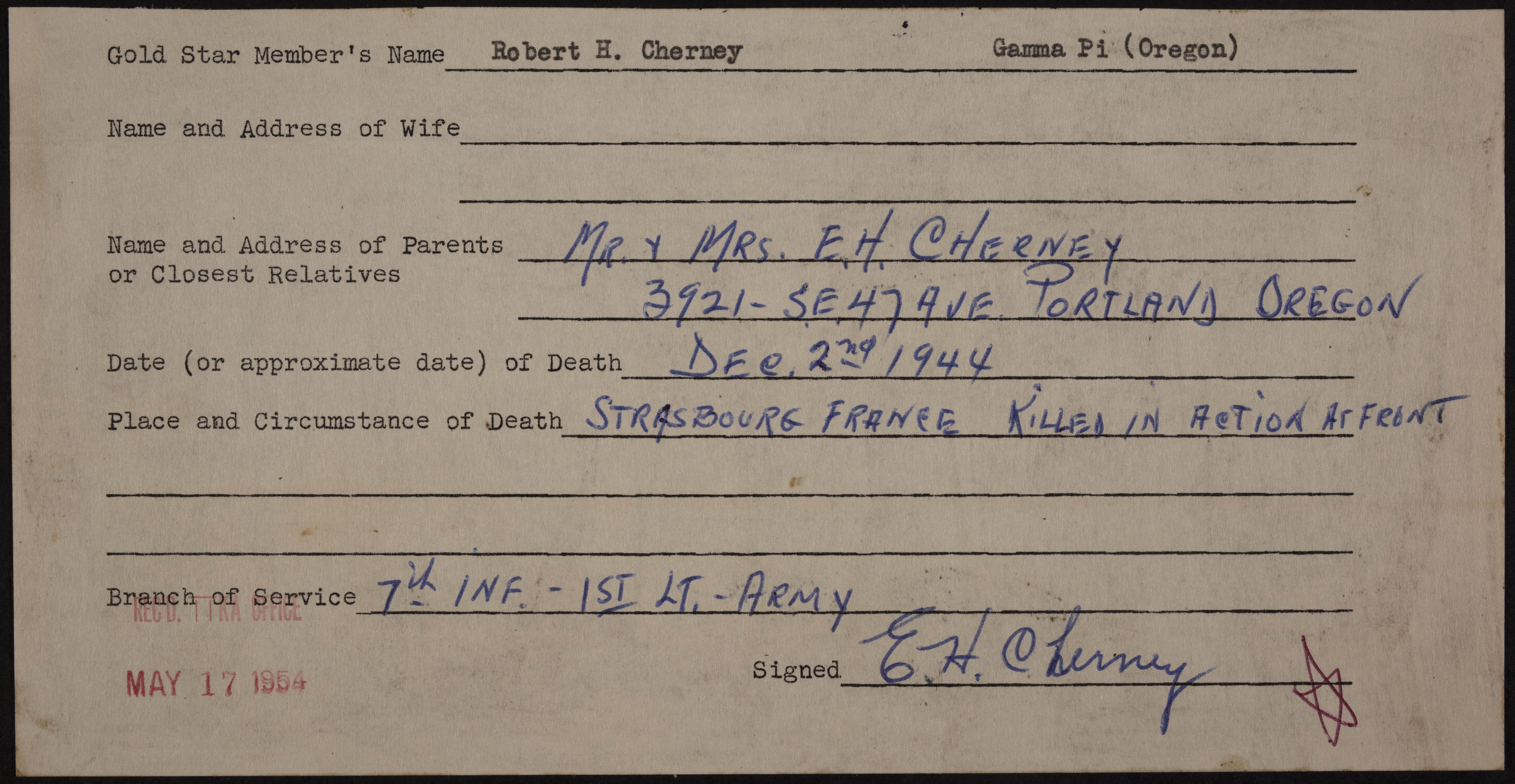 Robert H. Cherney War Record Form, May 17, 1954