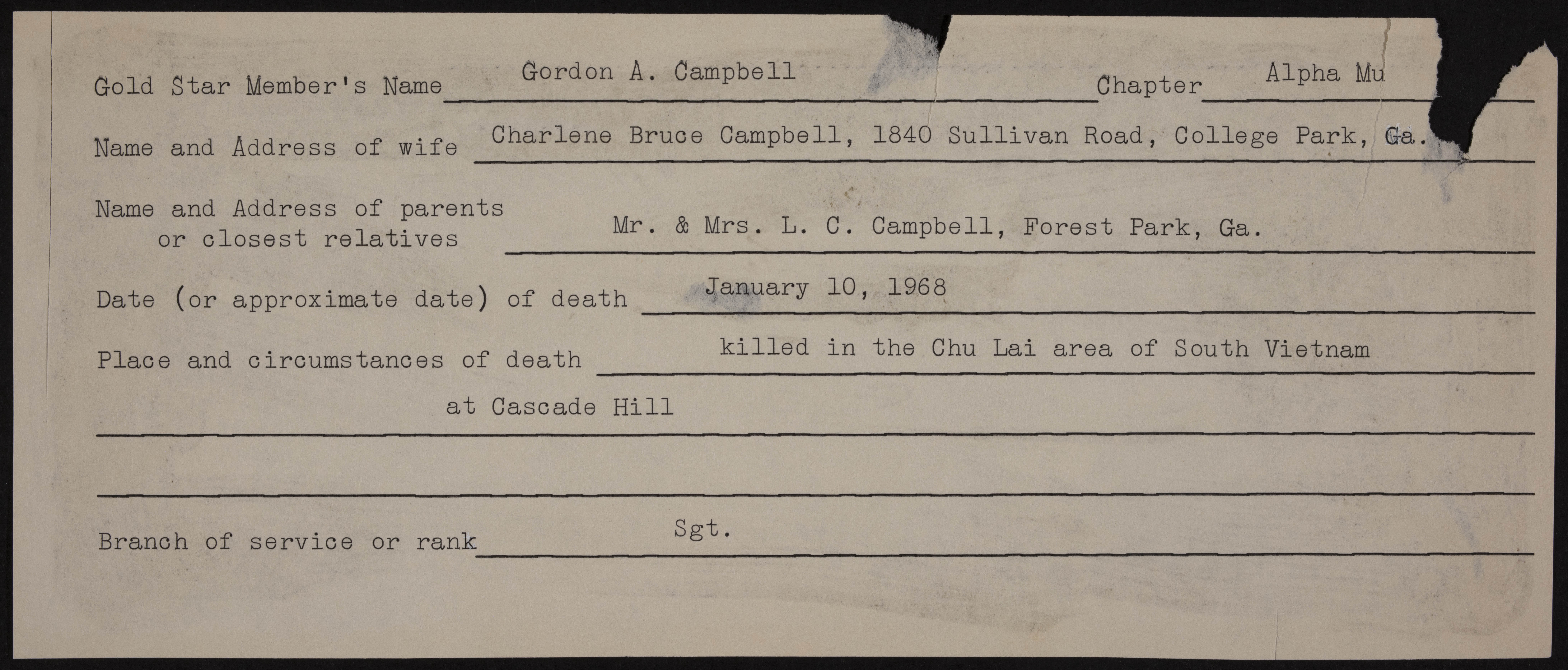 Gordon Allan Campbell War Record Form