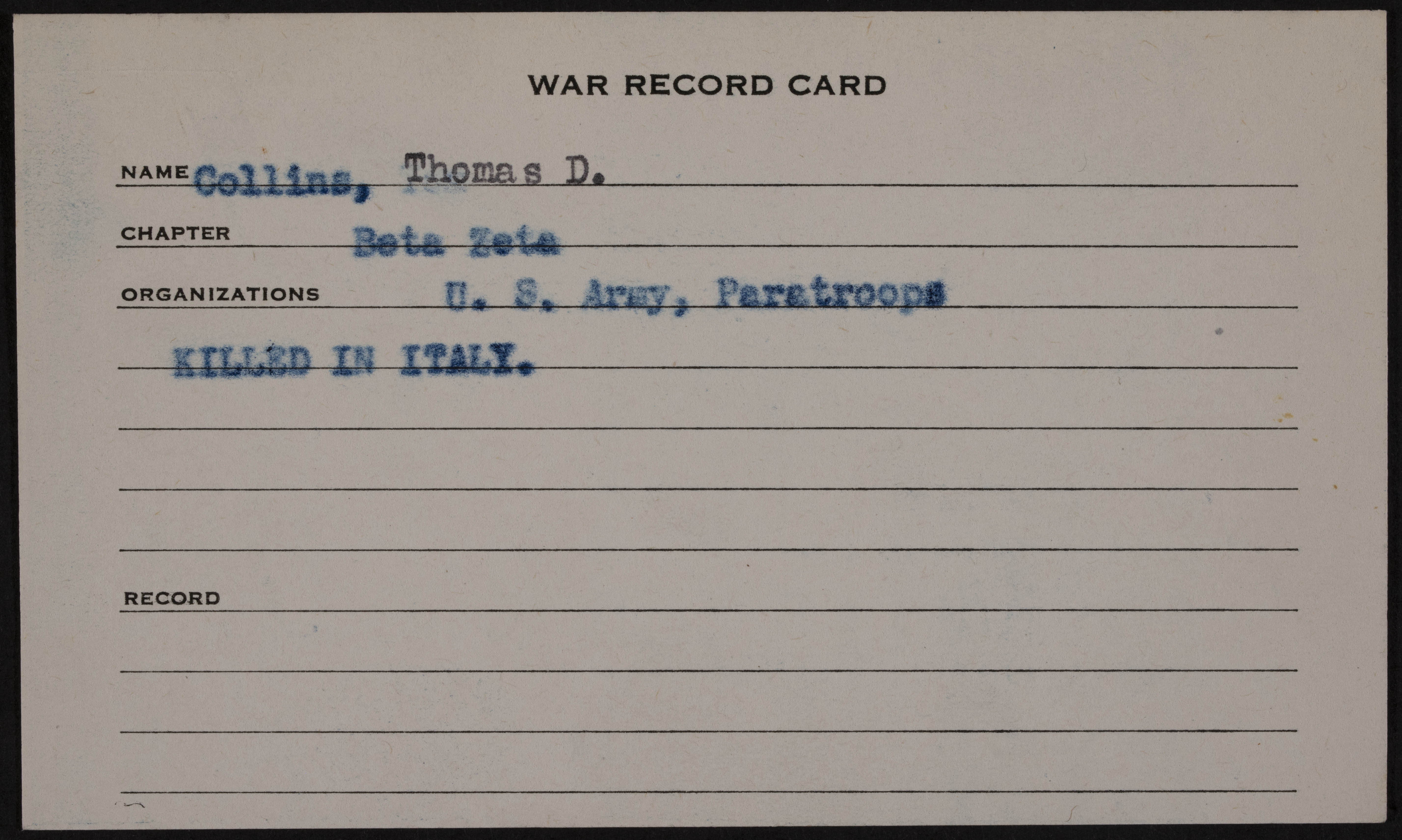 Thomas D. Collins War Record Card
