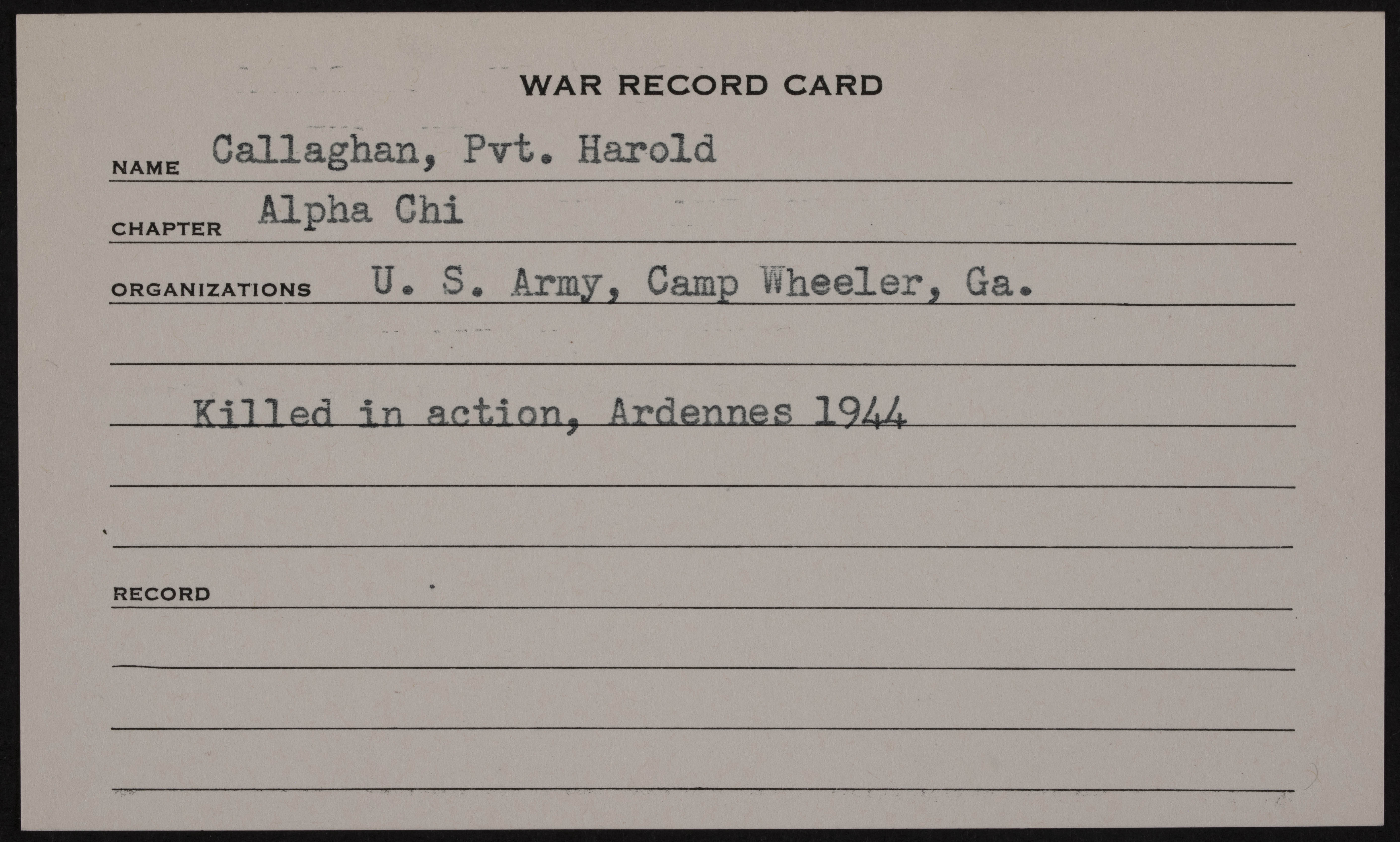 Harold Joseph Callaghan War Record Card